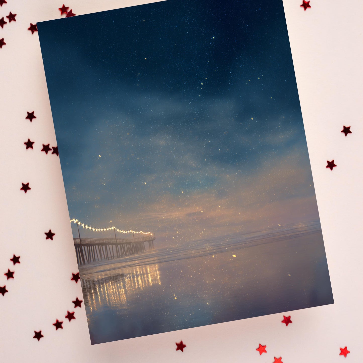 Twilight Pier Ocean Greeting Card - Starry Night Beach Oil Painting Note Card