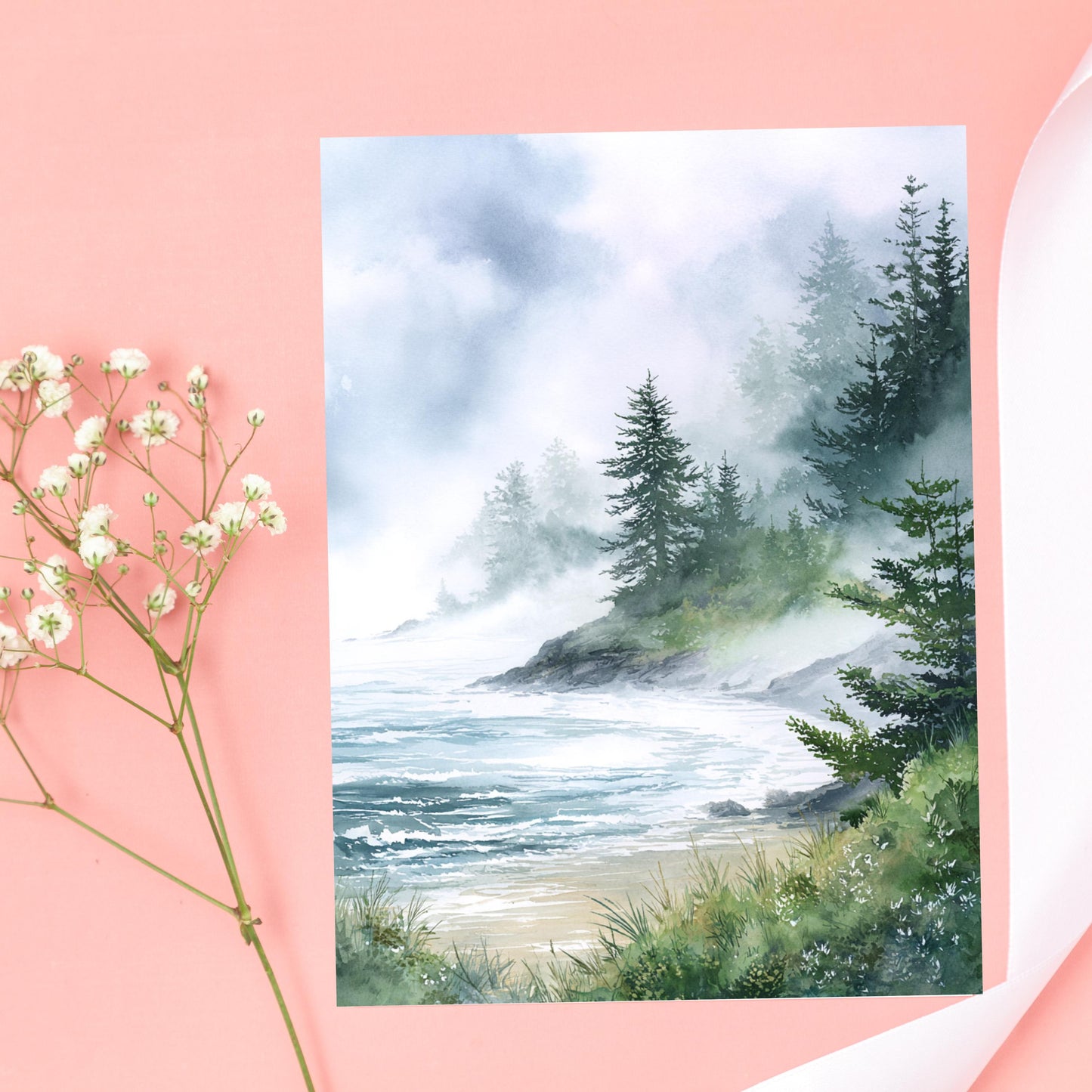 Misty Coastal Pine Tree Greeting Card