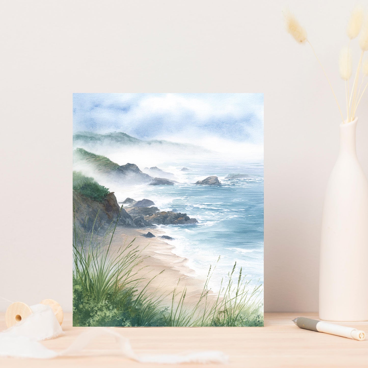 Misty Coastal Watercolor Greeting Card