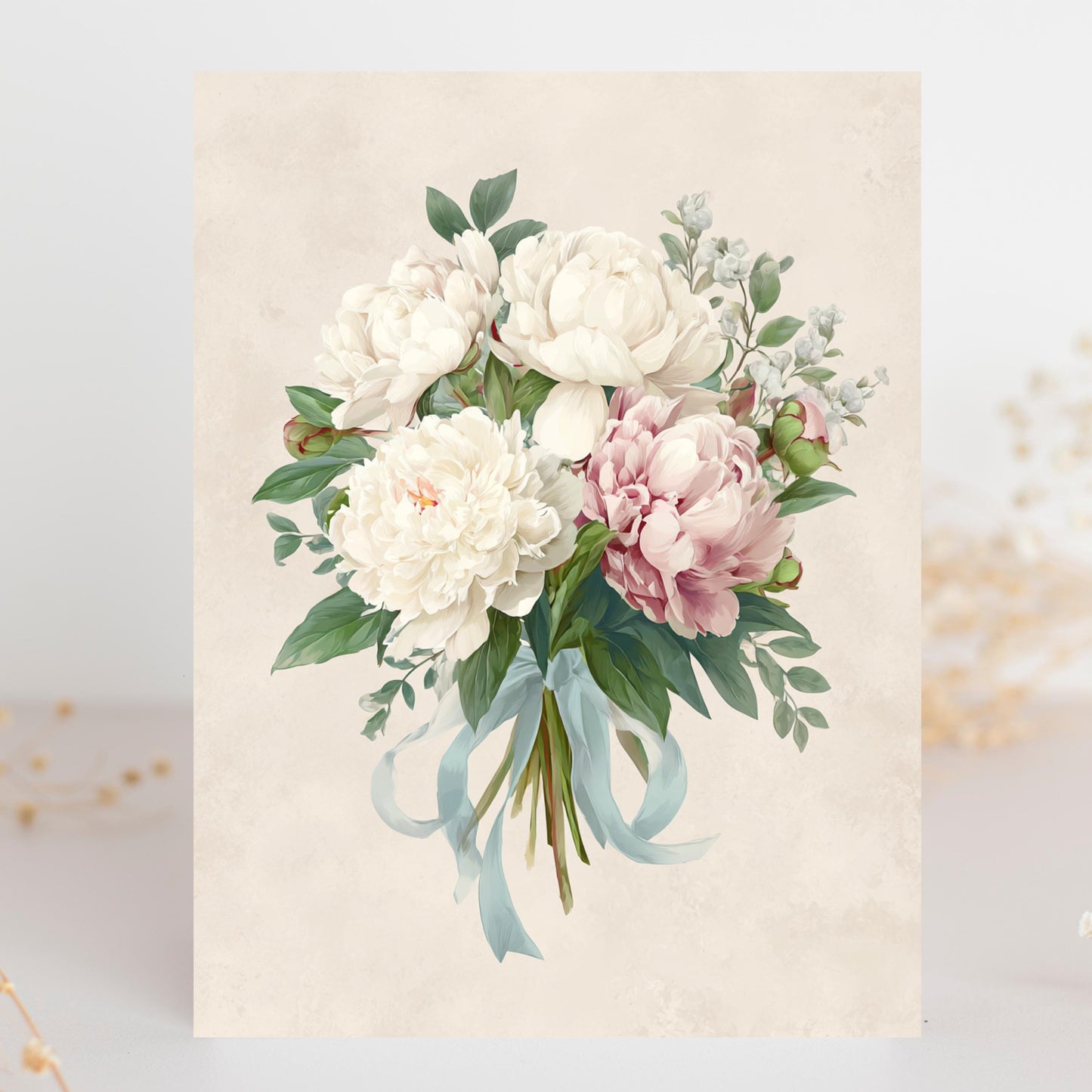 Peony Bouquet Greeting Card, Pink and White Floral Stationery