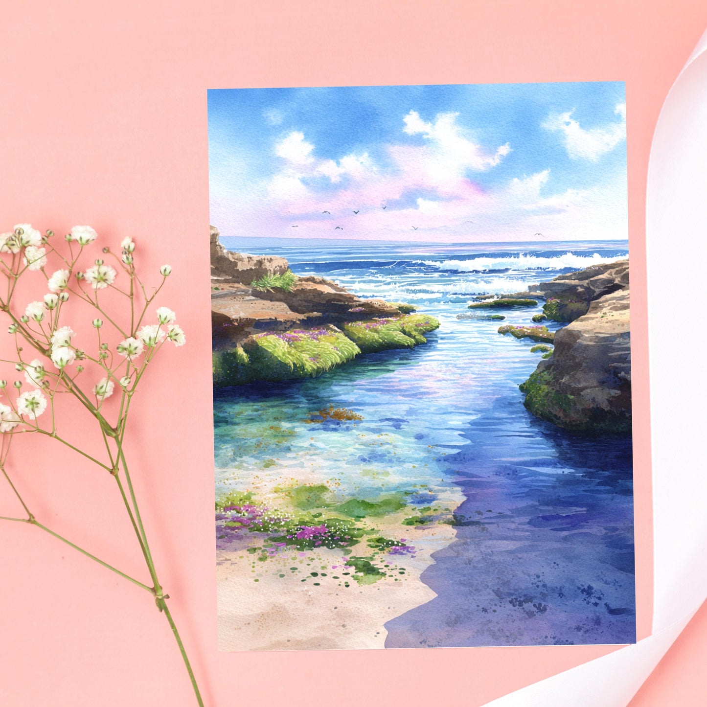 Calm Ocean Watercolor Card: Tidepool Beach Note Card