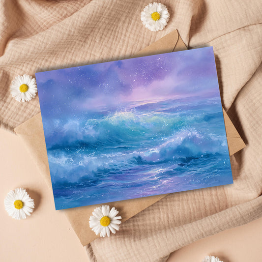 Ocean Sunset Watercolor Card: Serene Beach Landscape