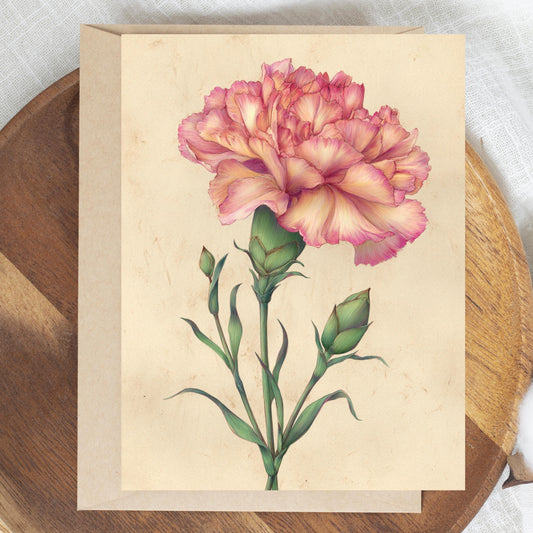 Watercolor Carnation Flower Greeting Card - Vintage Rustic Floral Note Card