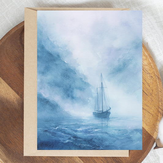 Misty Blue Sailboat Watercolor Greeting Card