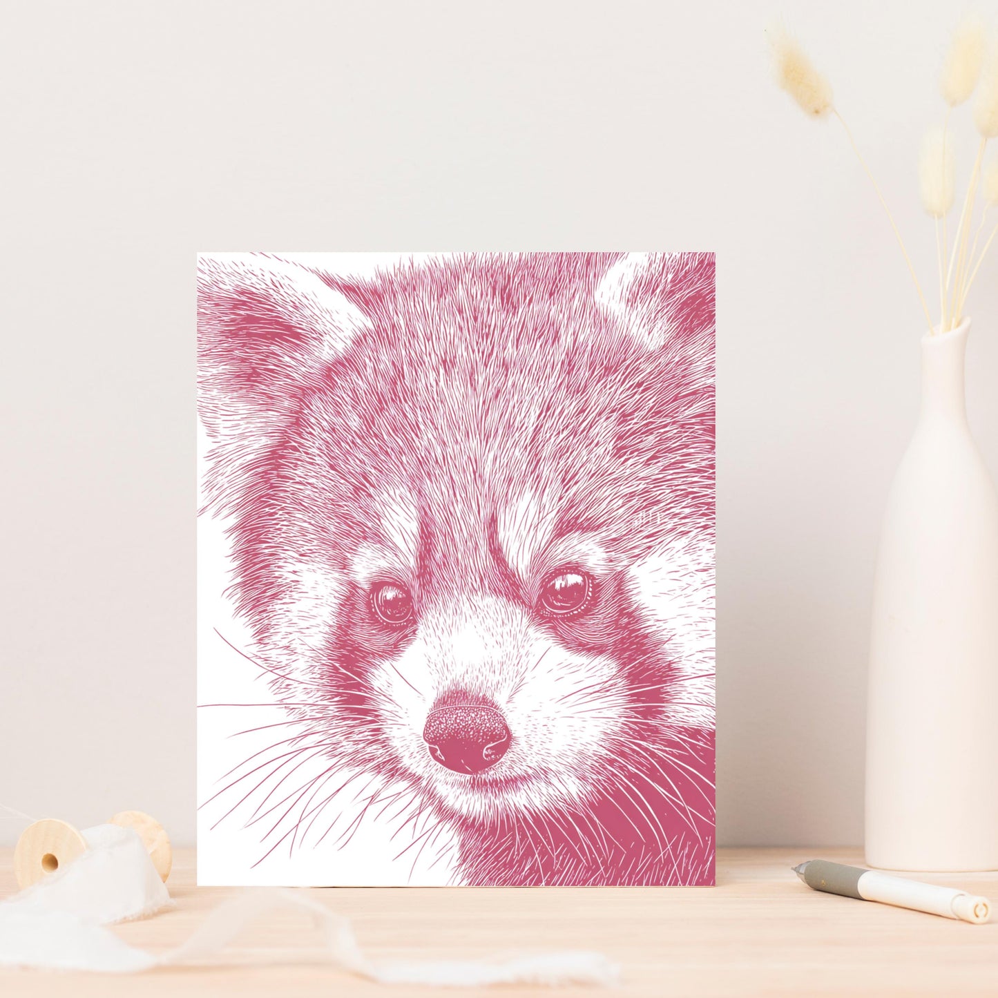 Red Panda Greeting Card: Linocut Style Animal Art