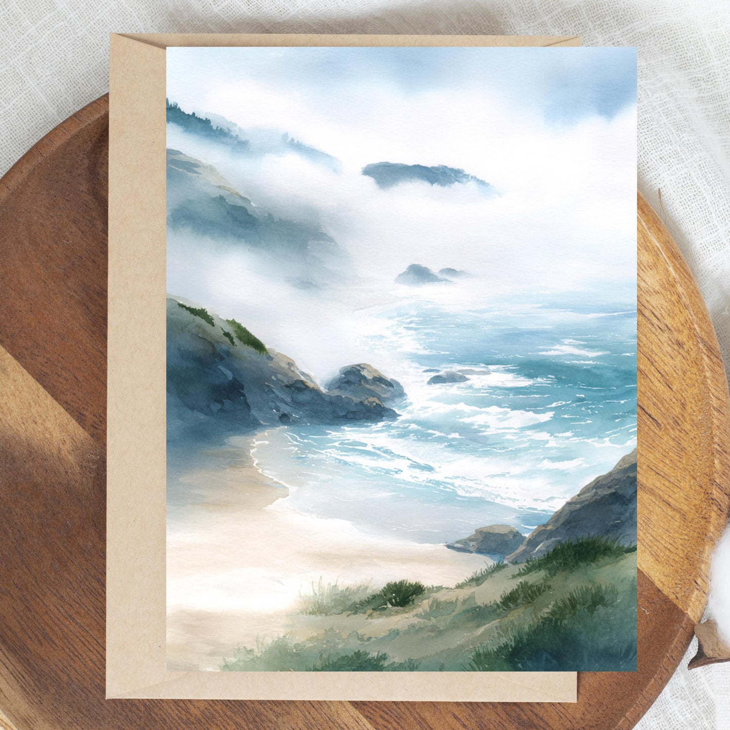 Misty Coastal Cliff Watercolor Greeting Card