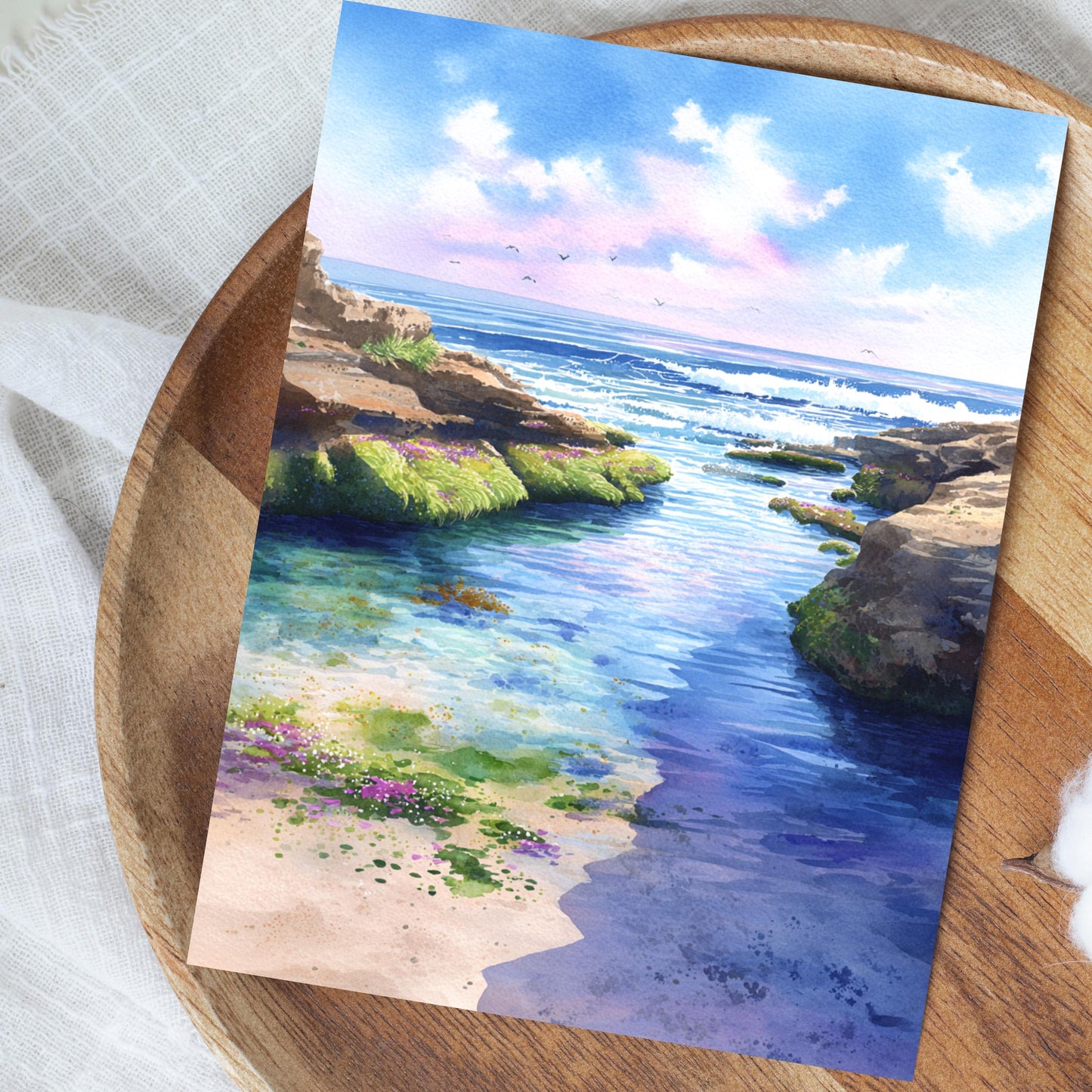 Calm Ocean Watercolor Card: Tidepool Beach Note Card