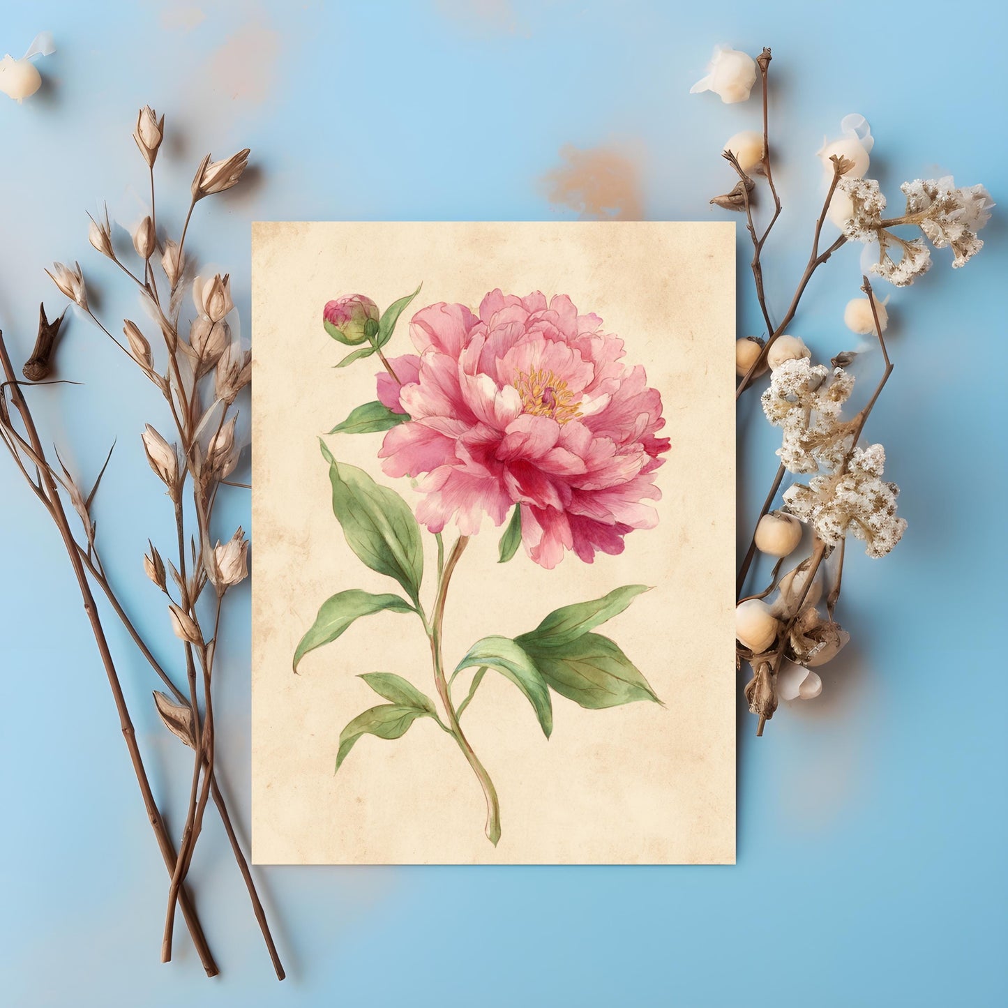 Peony Watercolor Greeting Card: Rustic Floral Note Card