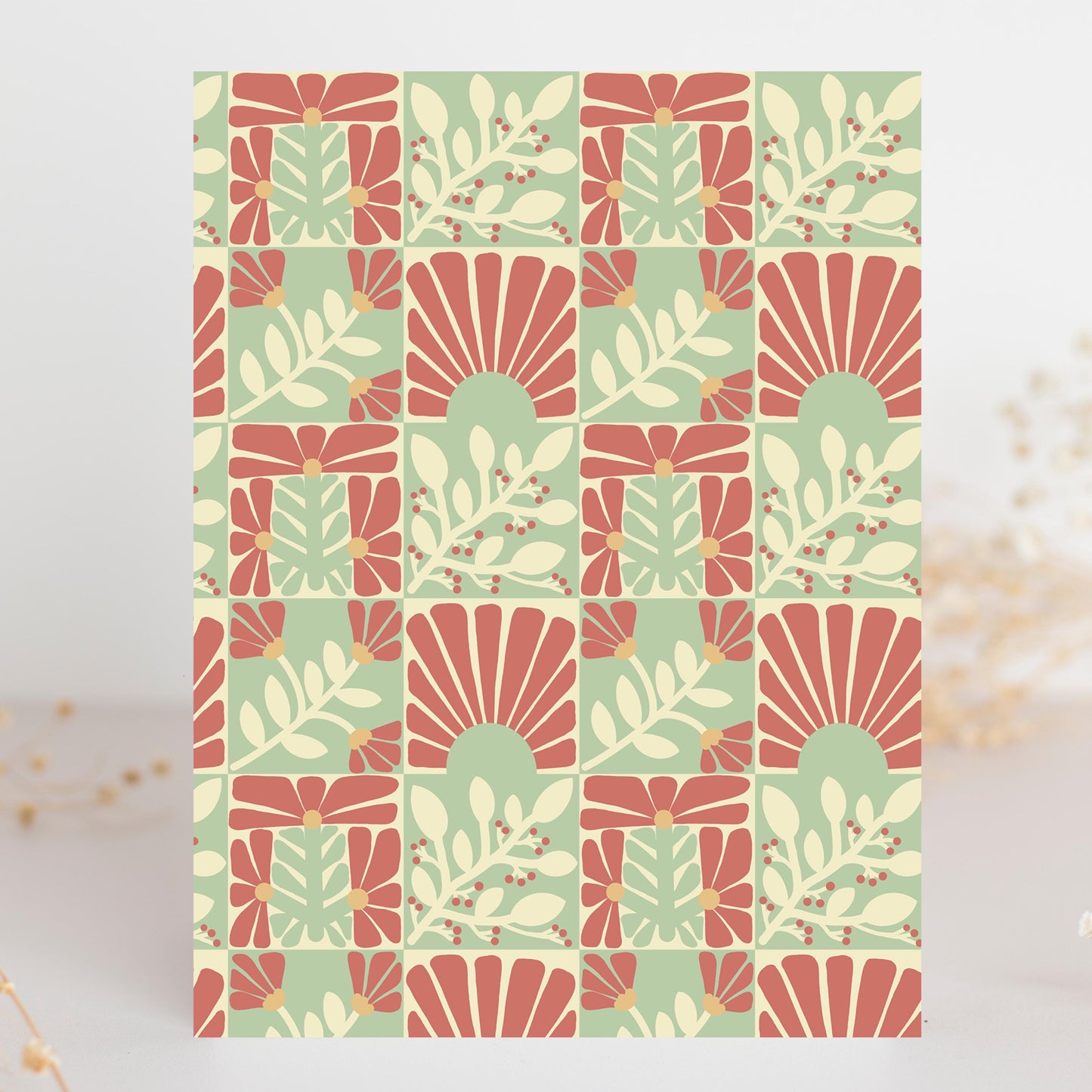 Red and Sage Floral Greeting Card
