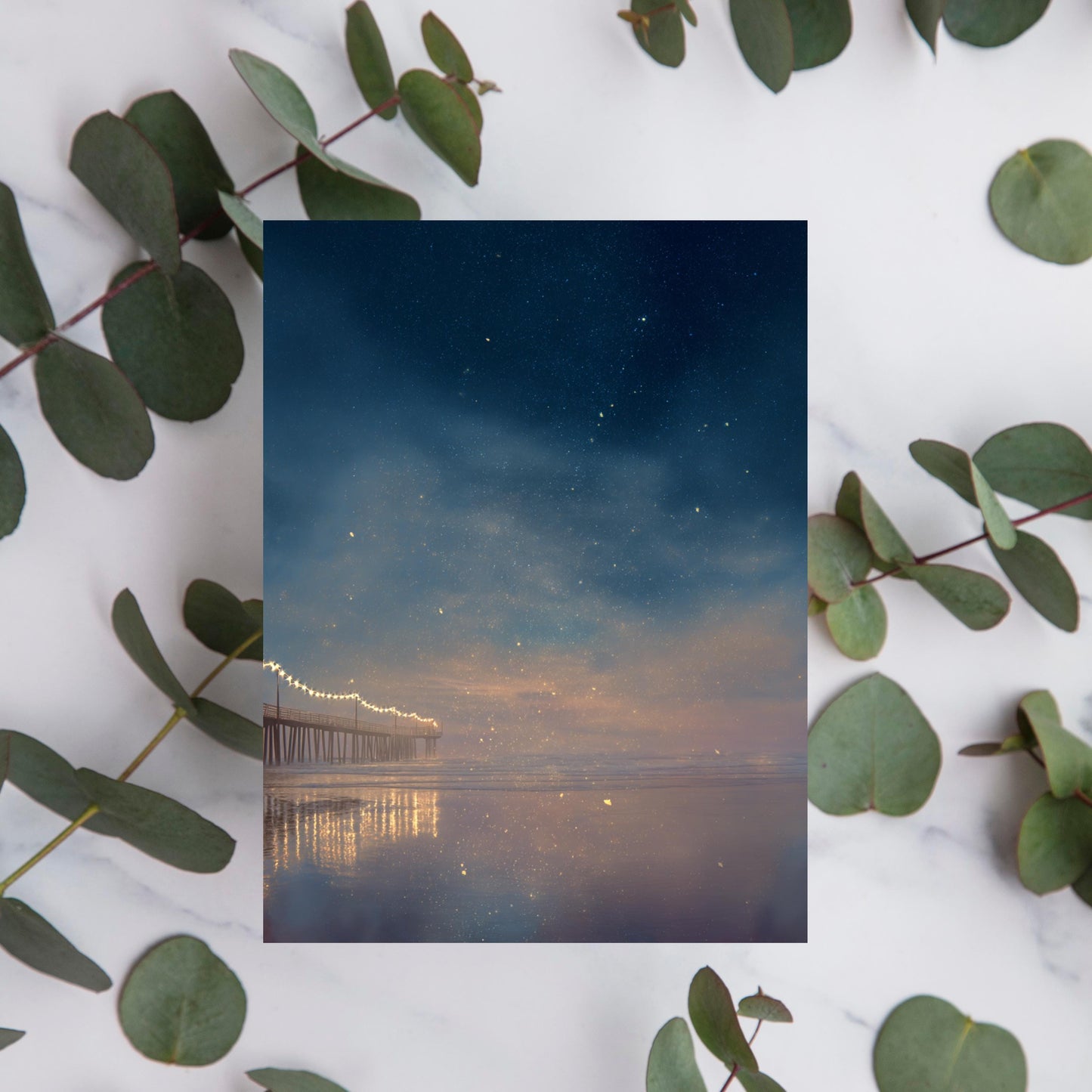 Twilight Pier Ocean Greeting Card - Starry Night Beach Oil Painting Note Card