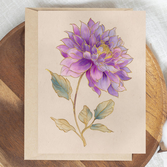 Vintage Purple and Gold Dahlia Greeting Card