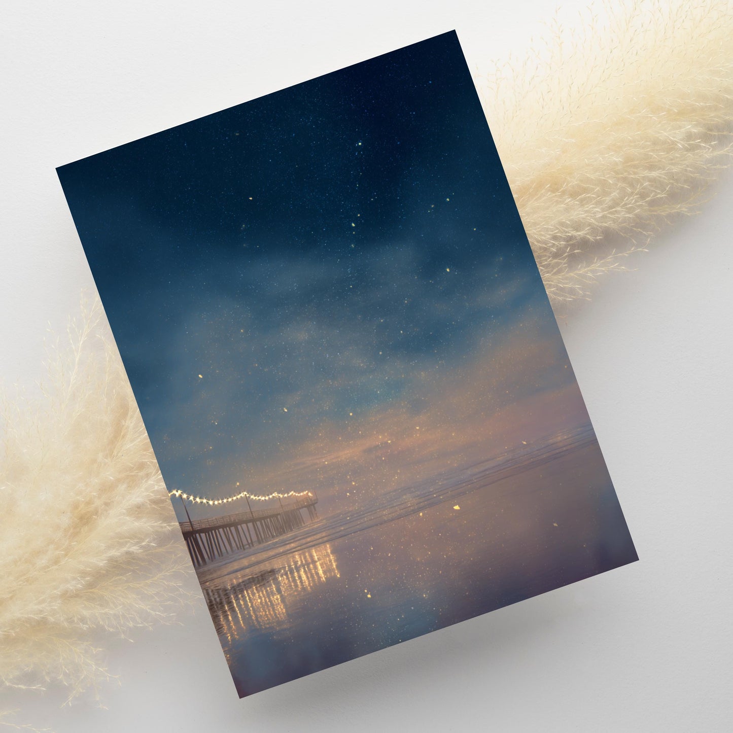 Twilight Pier Ocean Greeting Card - Starry Night Beach Oil Painting Note Card