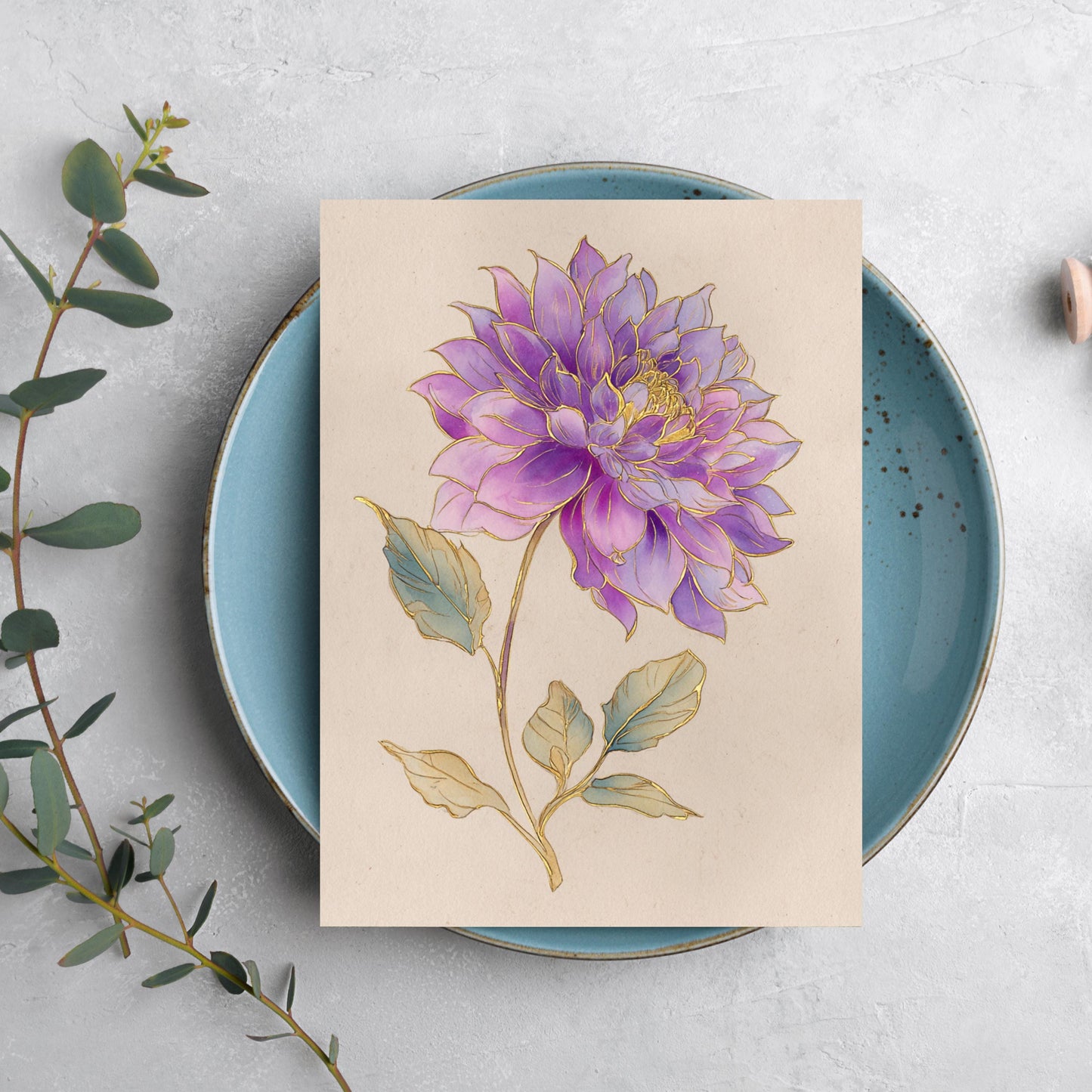 Vintage Purple and Gold Dahlia Greeting Card