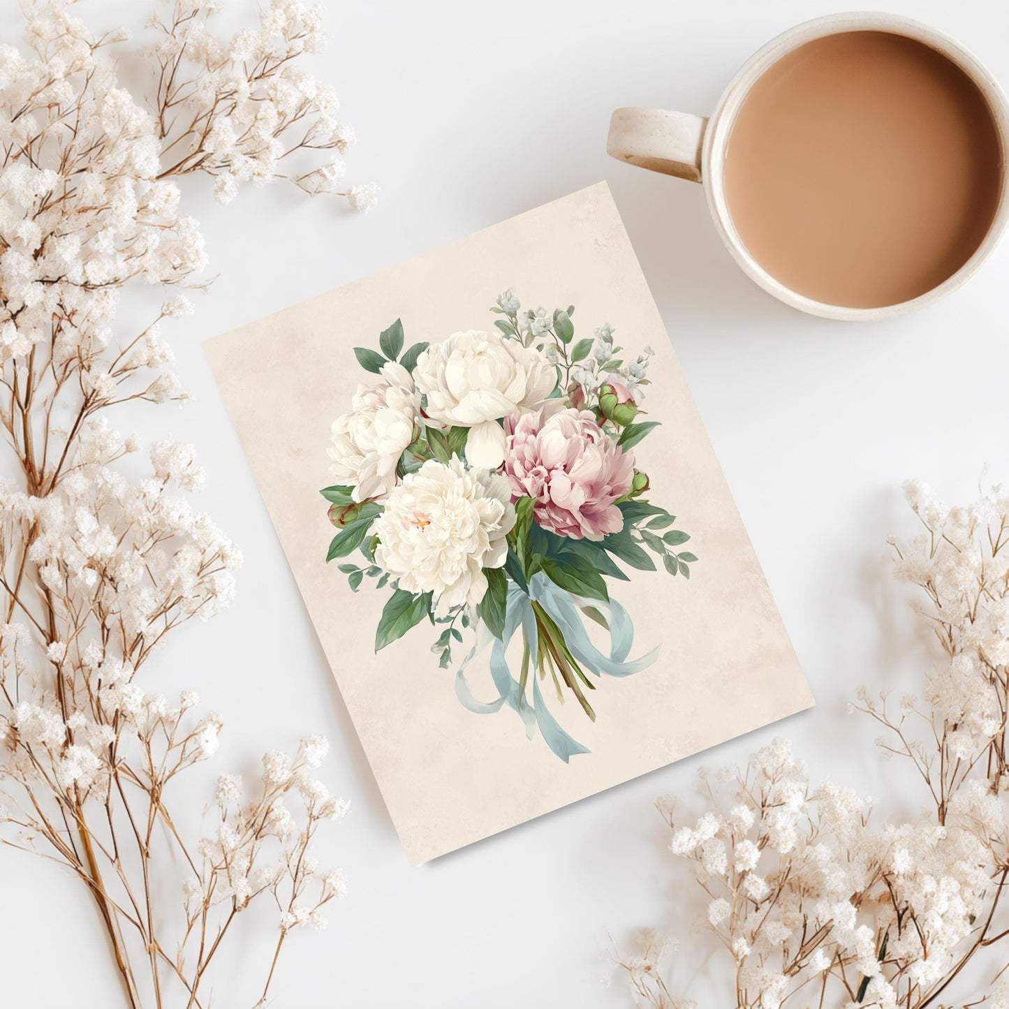 Peony Bouquet Greeting Card, Pink and White Floral Stationery
