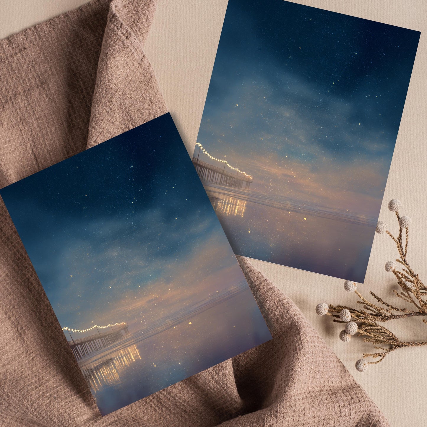 Twilight Pier Ocean Greeting Card - Starry Night Beach Oil Painting Note Card