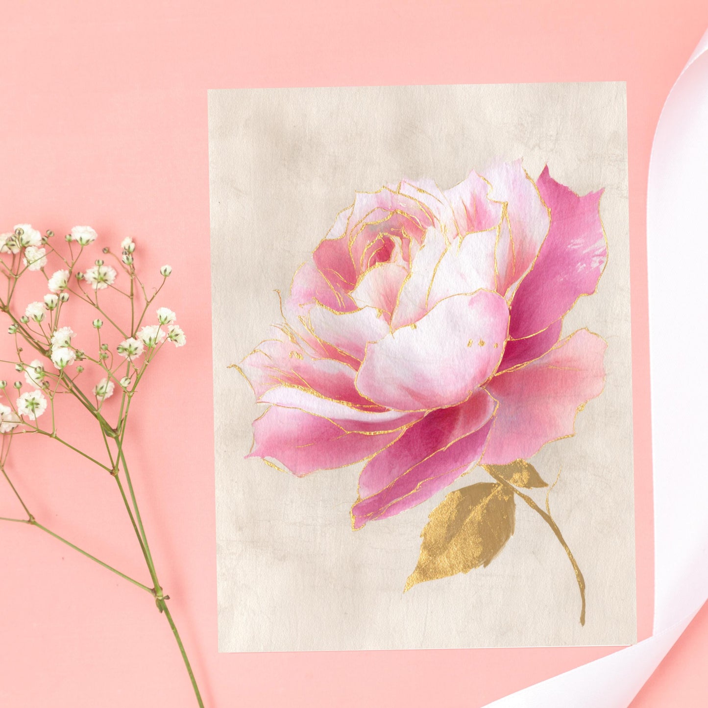 Vintage Pink and Gold Rose Greeting Card