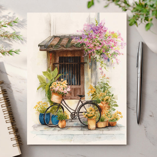 Cottagecore Flower Bike Art Card, All-Occasion Watercolor Floral Stationery