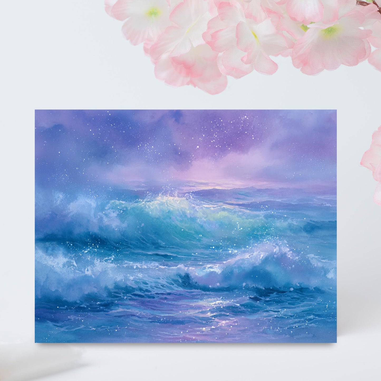 Ocean Sunset Watercolor Card: Serene Beach Landscape