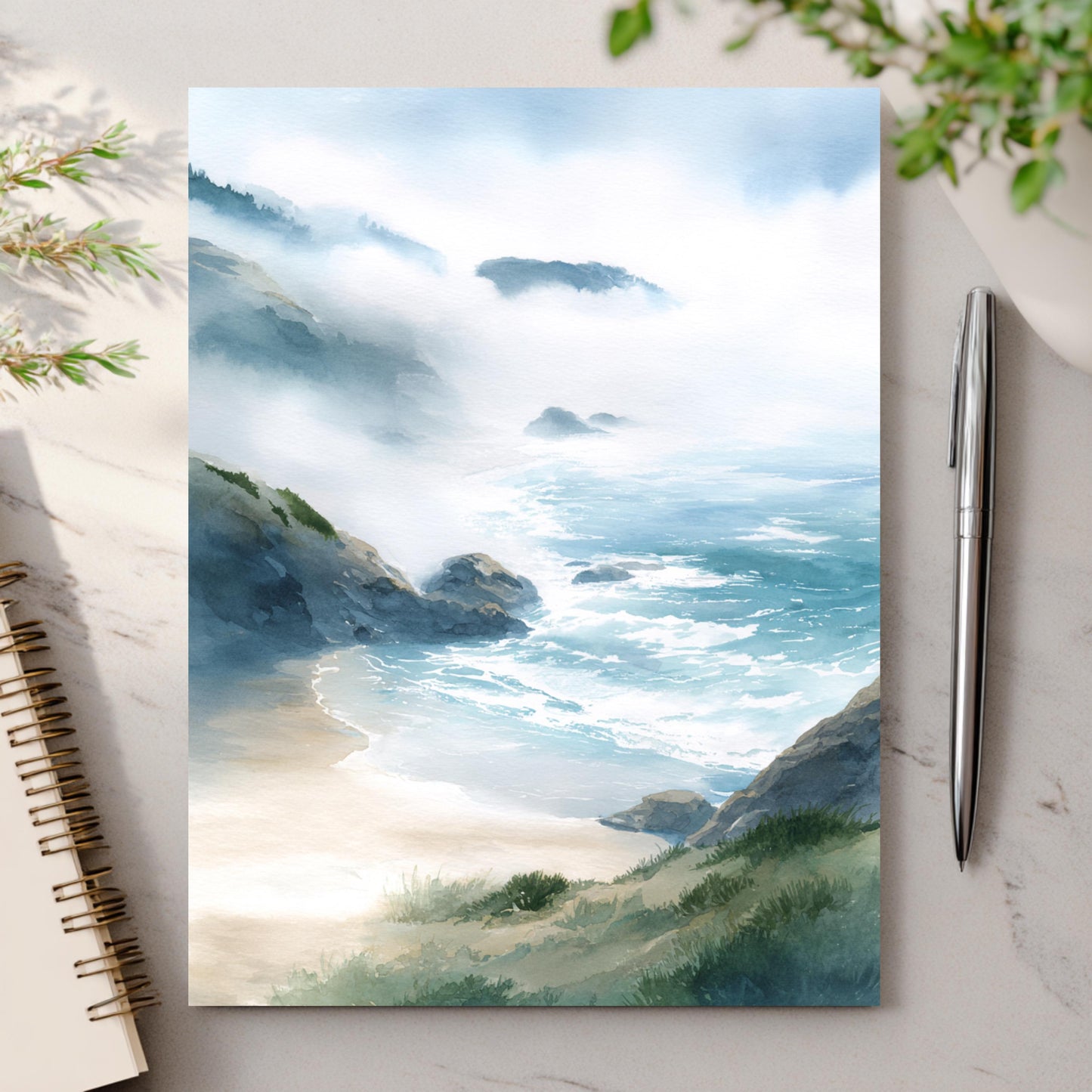 Misty Coastal Cliff Watercolor Greeting Card