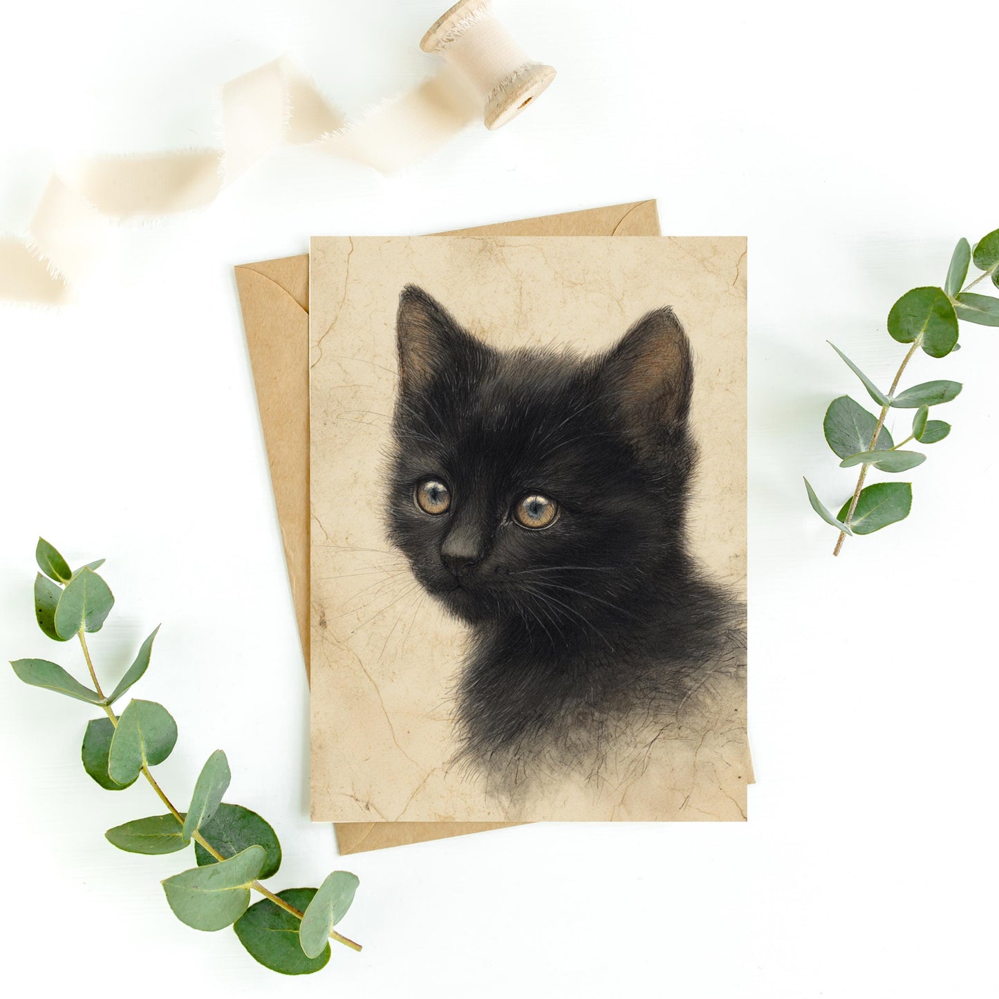 Black Kitten Greeting Card, Vintage Cat Drawing