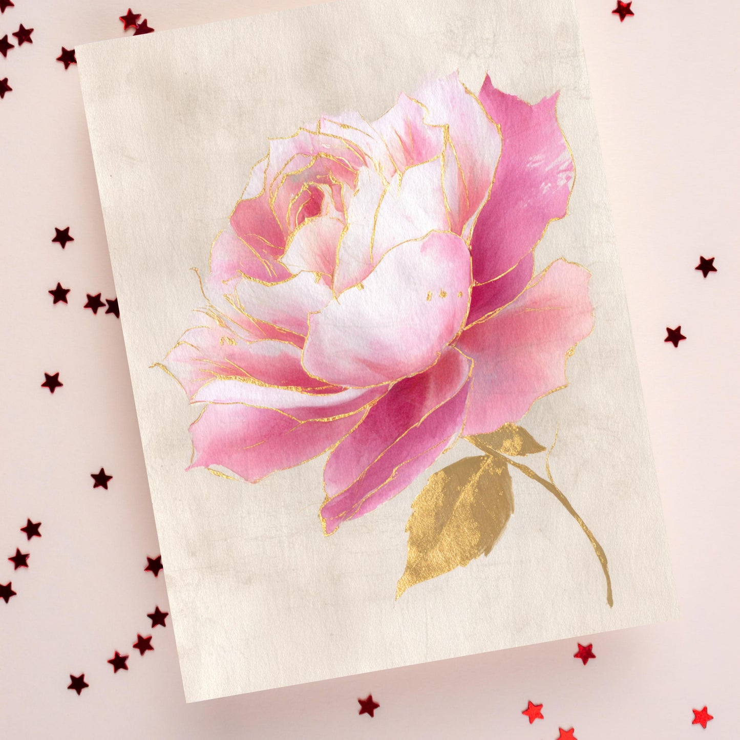 Vintage Pink and Gold Rose Greeting Card