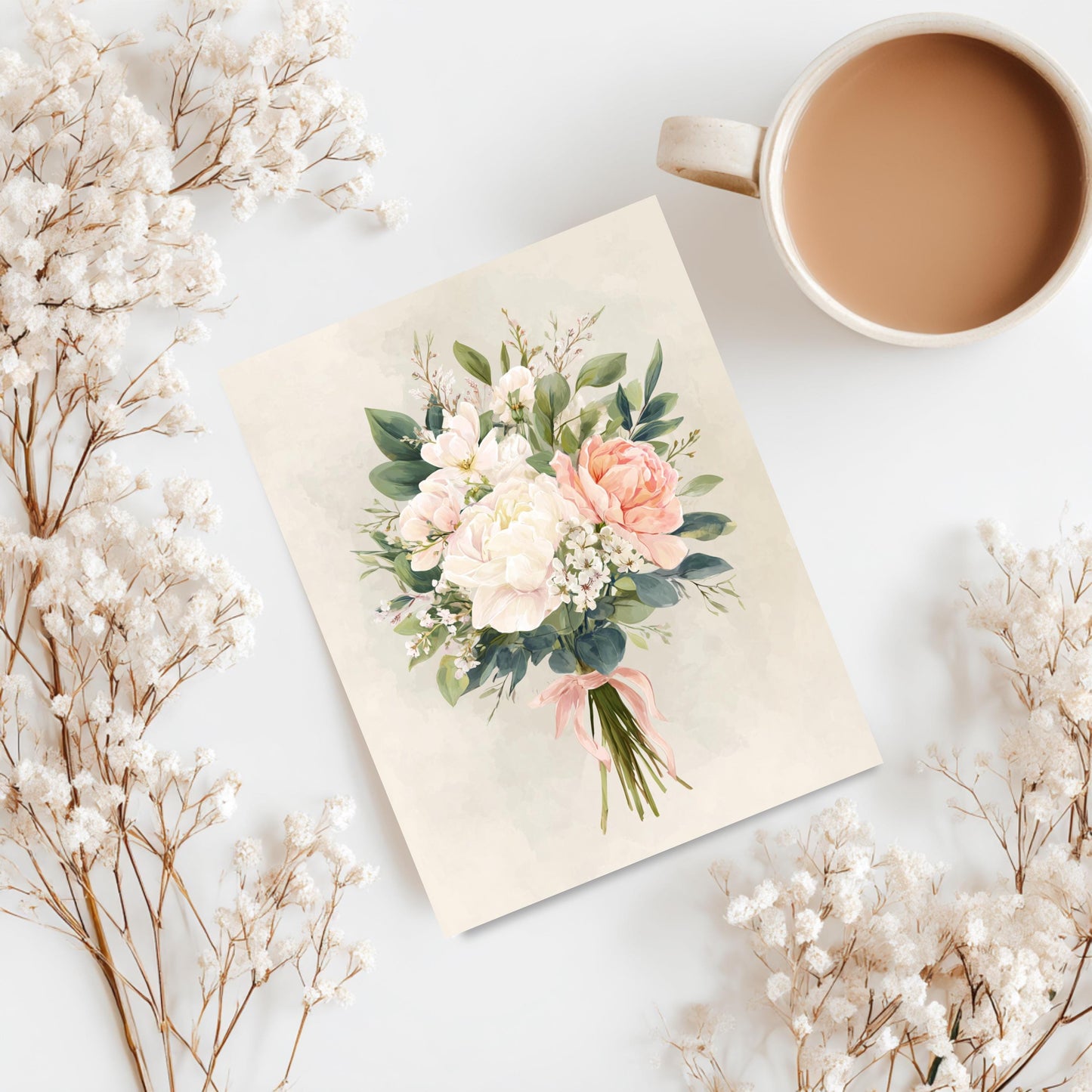 Handmade White Peony Floral Greeting Card