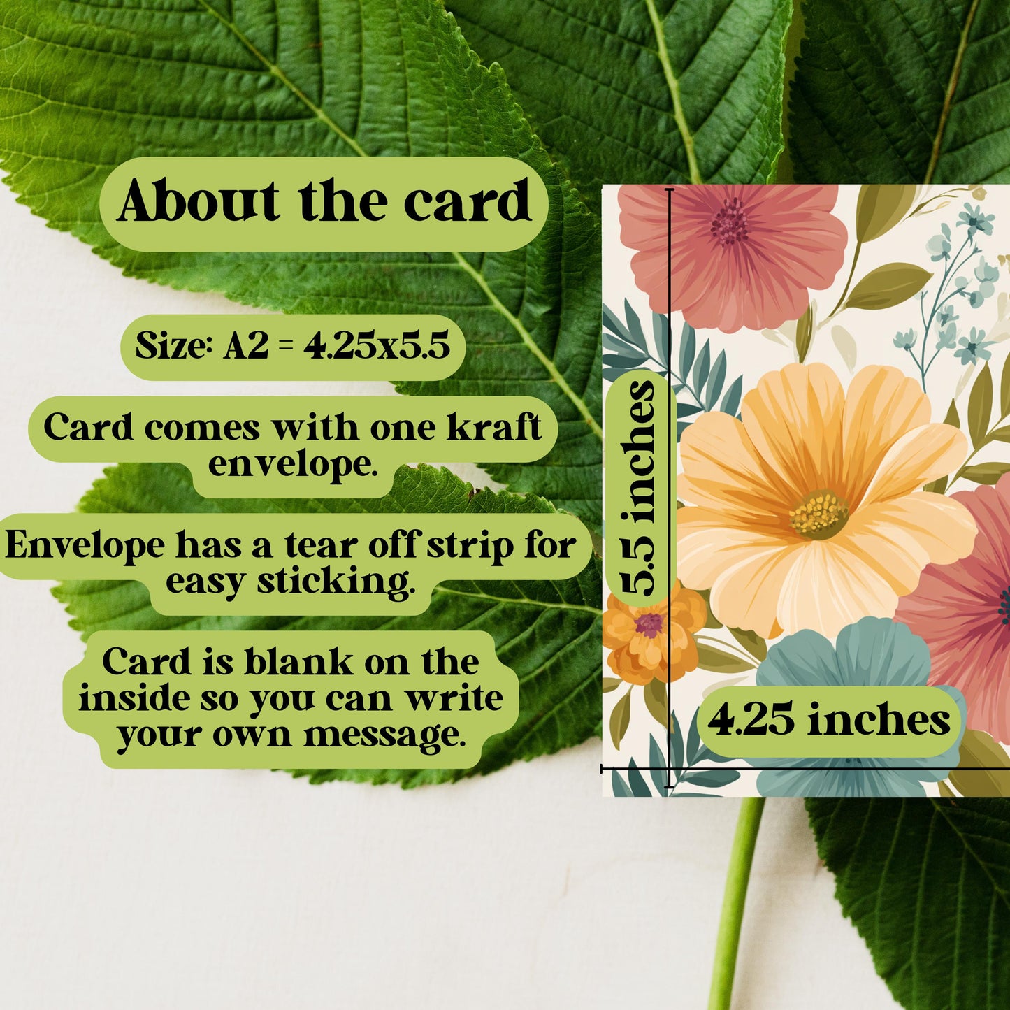 Floral Greeting Card: Heavy Cardstock Note Card with Kraft Envelope