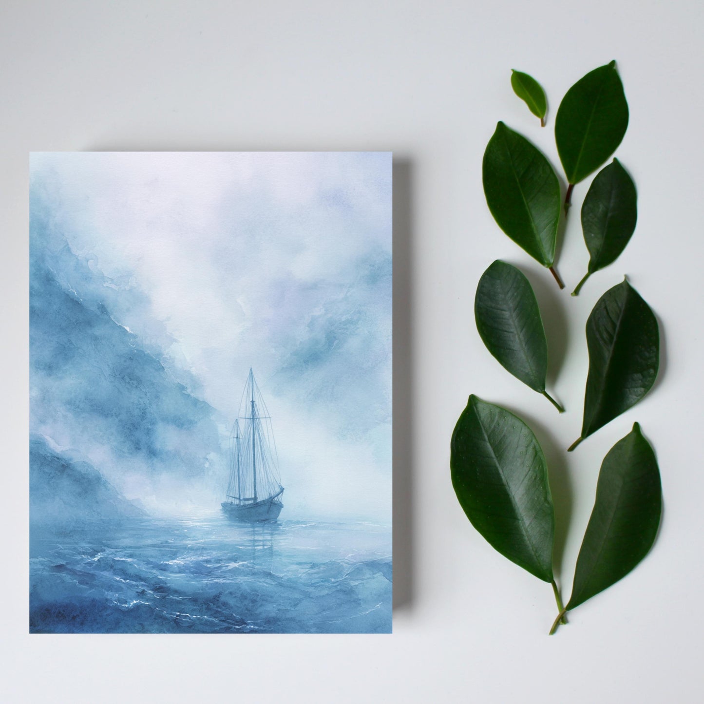 Misty Blue Sailboat Watercolor Greeting Card
