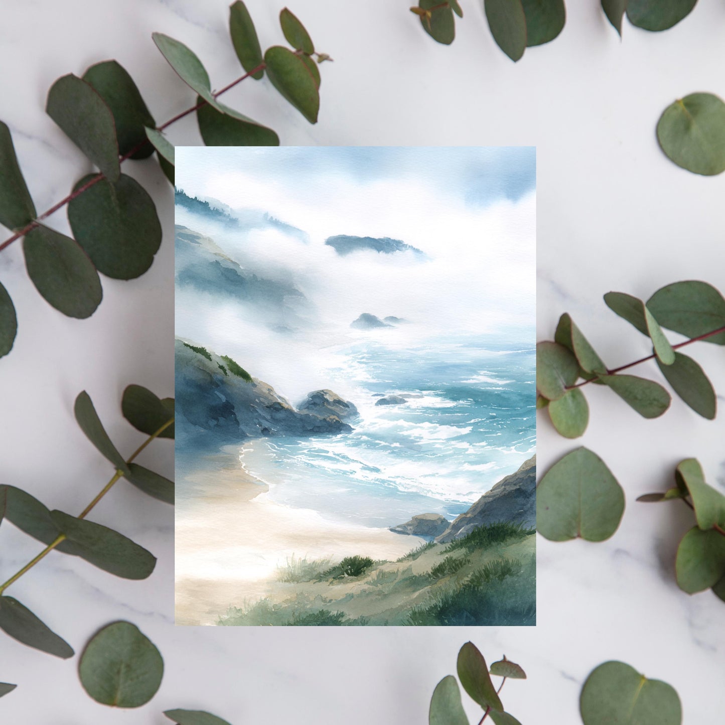 Misty Coastal Cliff Watercolor Greeting Card