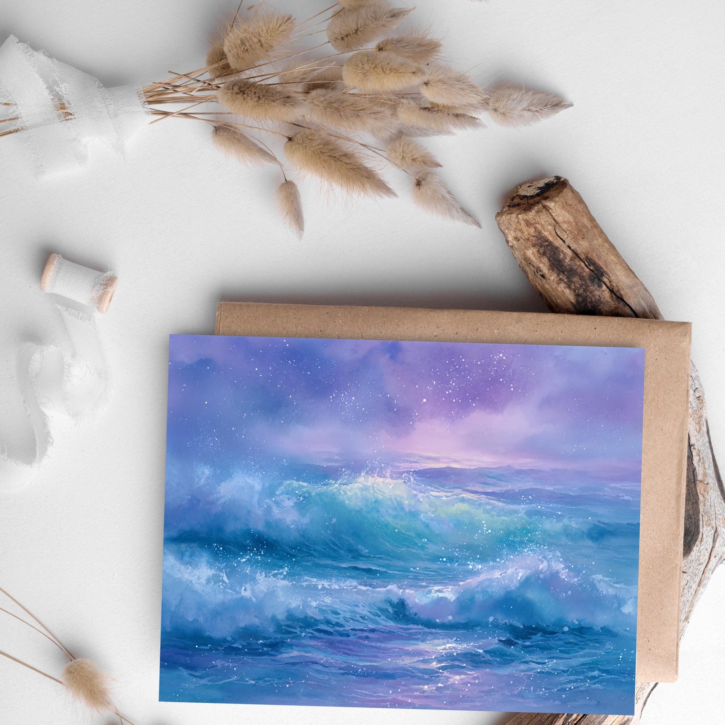 Ocean Sunset Watercolor Card: Serene Beach Landscape