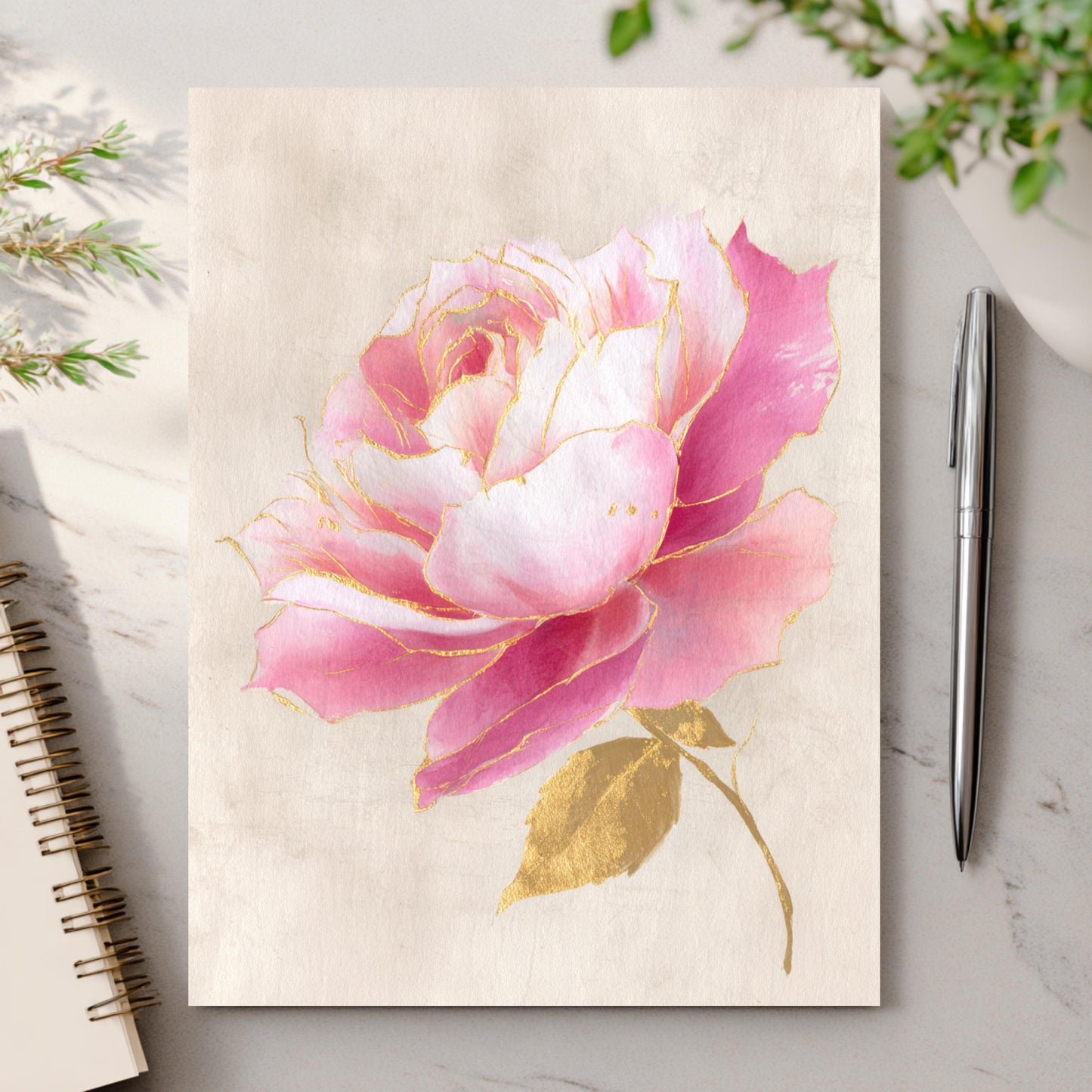 Vintage Pink and Gold Rose Greeting Card