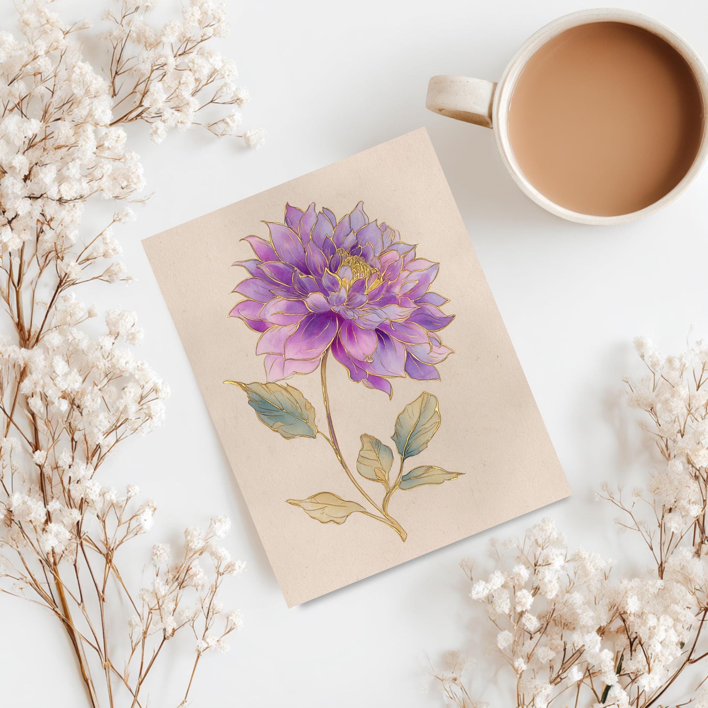 Vintage Purple and Gold Dahlia Greeting Card