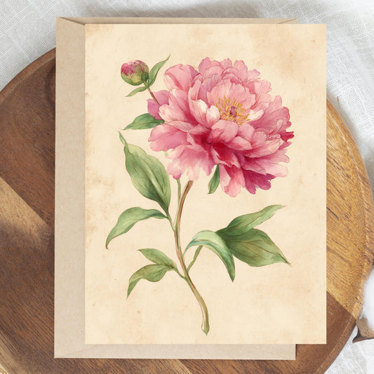 Peony Watercolor Greeting Card: Rustic Floral Note Card