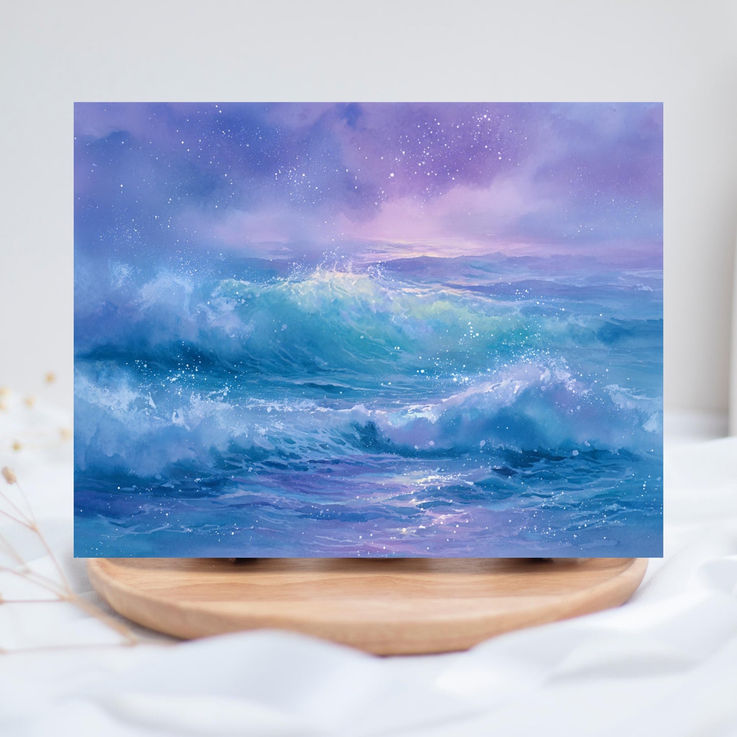 Ocean Sunset Watercolor Card: Serene Beach Landscape