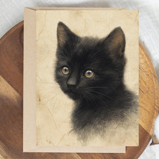 Black Kitten Greeting Card, Vintage Cat Drawing
