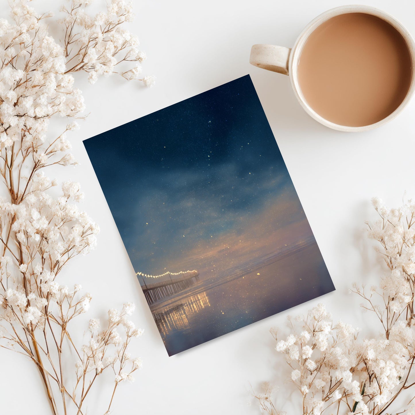 Twilight Pier Ocean Greeting Card - Starry Night Beach Oil Painting Note Card