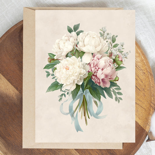 Peony Bouquet Greeting Card, Pink and White Floral Stationery