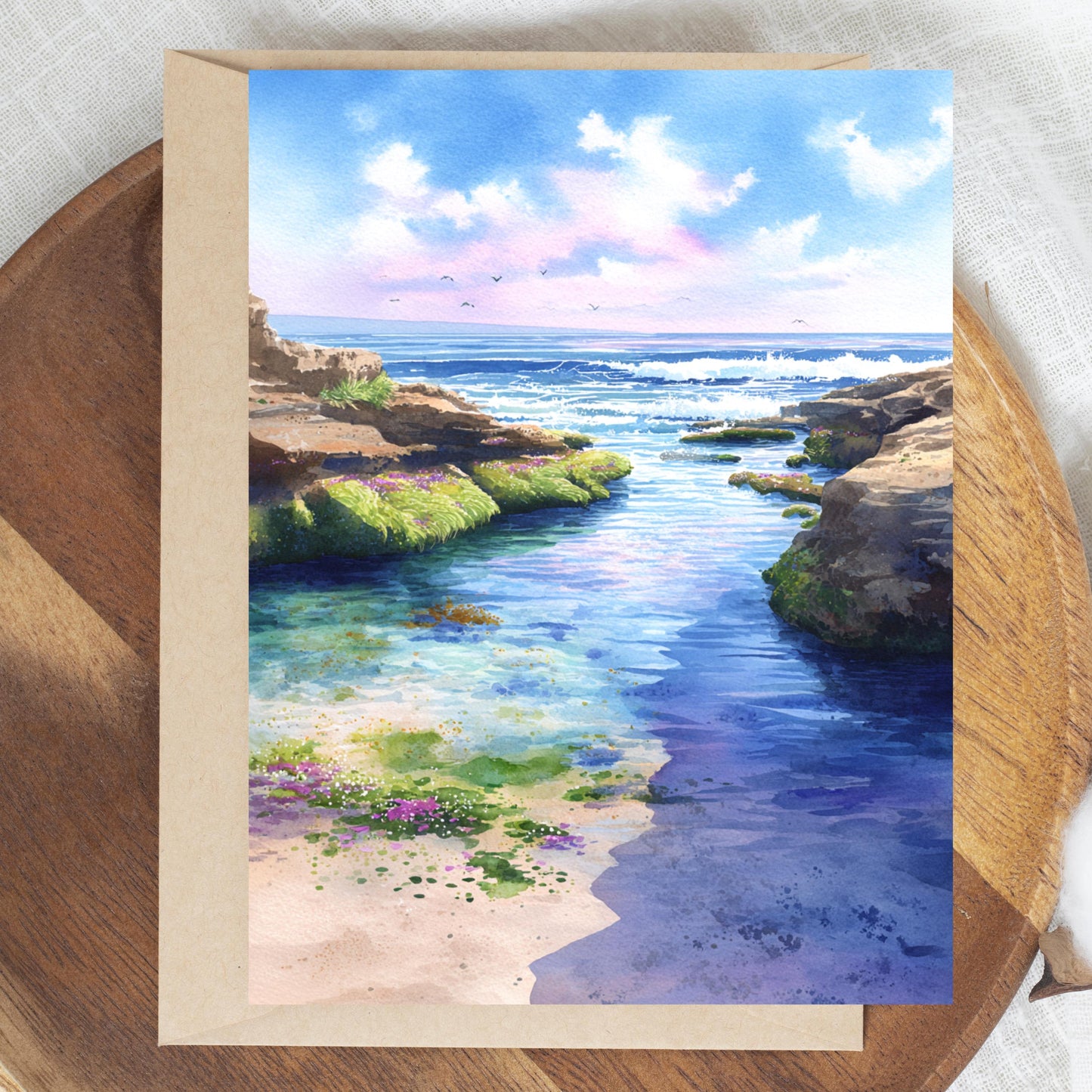 Calm Ocean Watercolor Card: Tidepool Beach Note Card