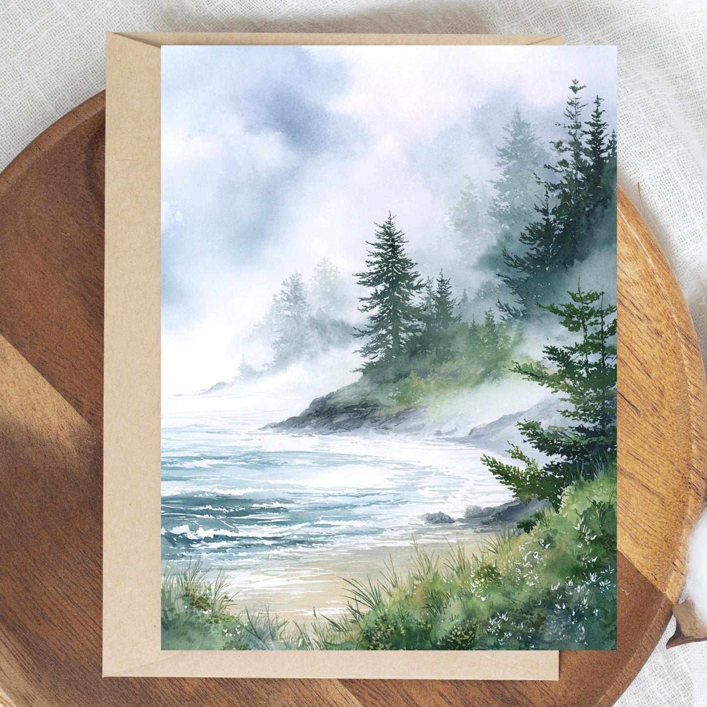 Misty Coastal Pine Tree Greeting Card