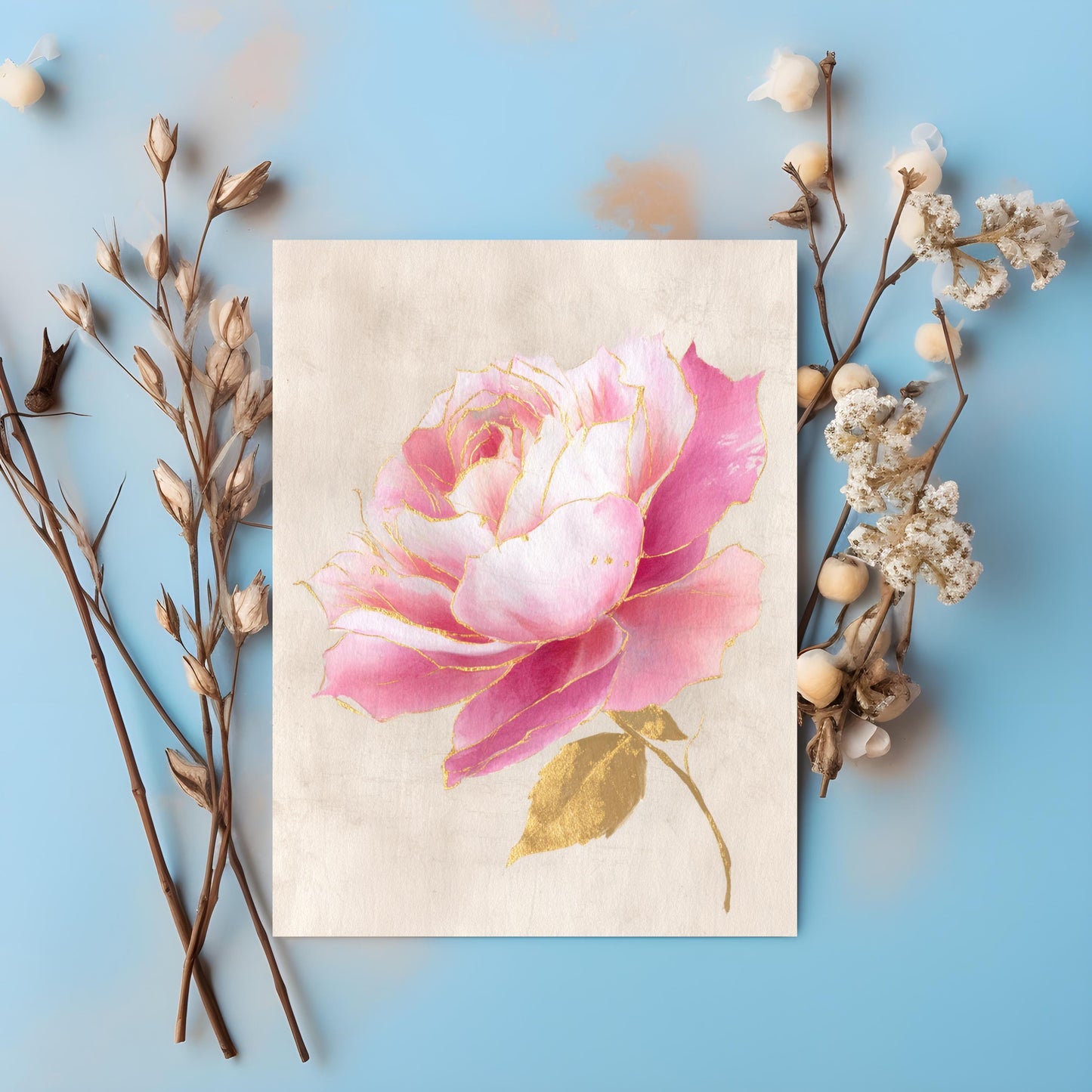 Vintage Pink and Gold Rose Greeting Card