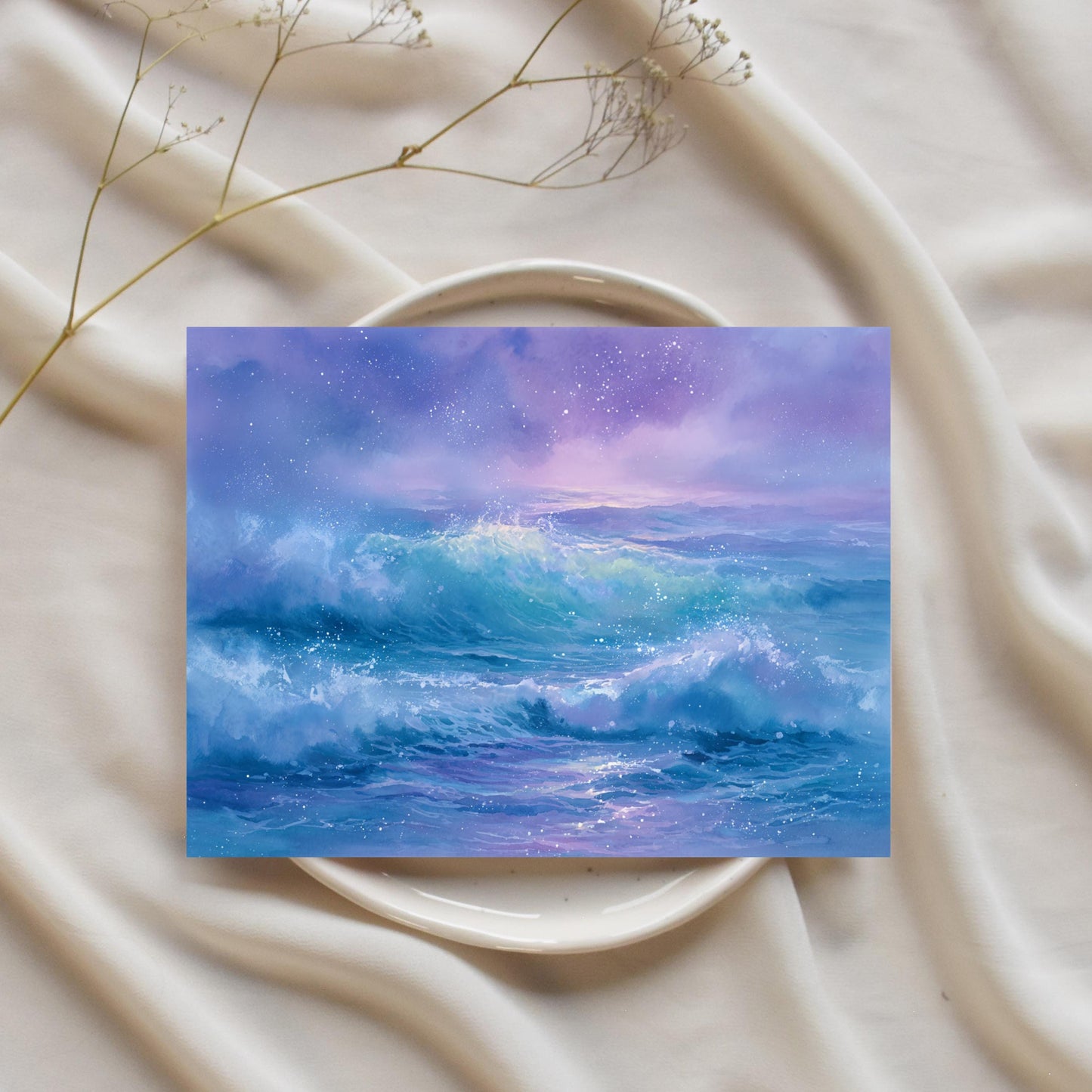 Ocean Sunset Watercolor Card: Serene Beach Landscape
