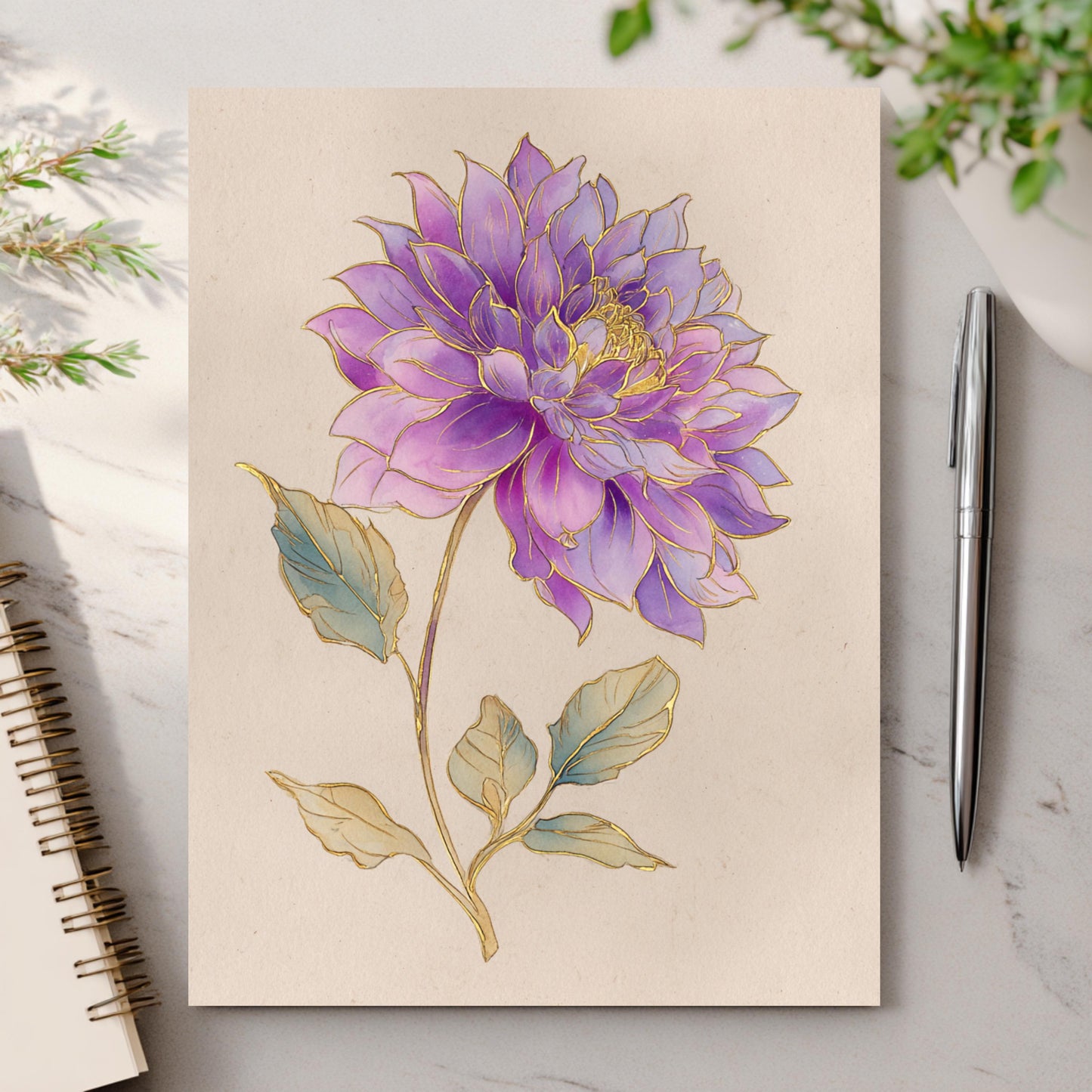 Vintage Purple and Gold Dahlia Greeting Card