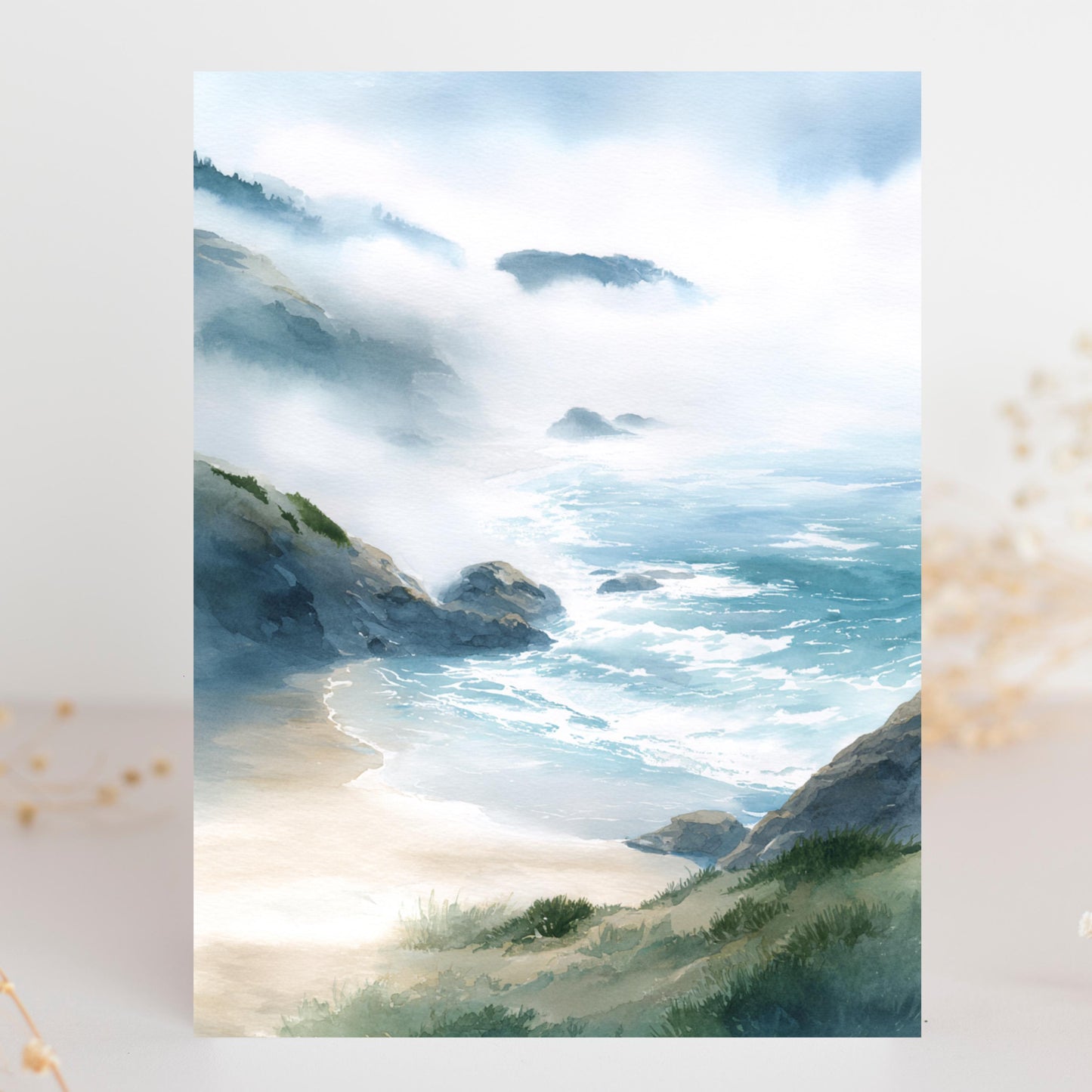 Misty Coastal Cliff Watercolor Greeting Card