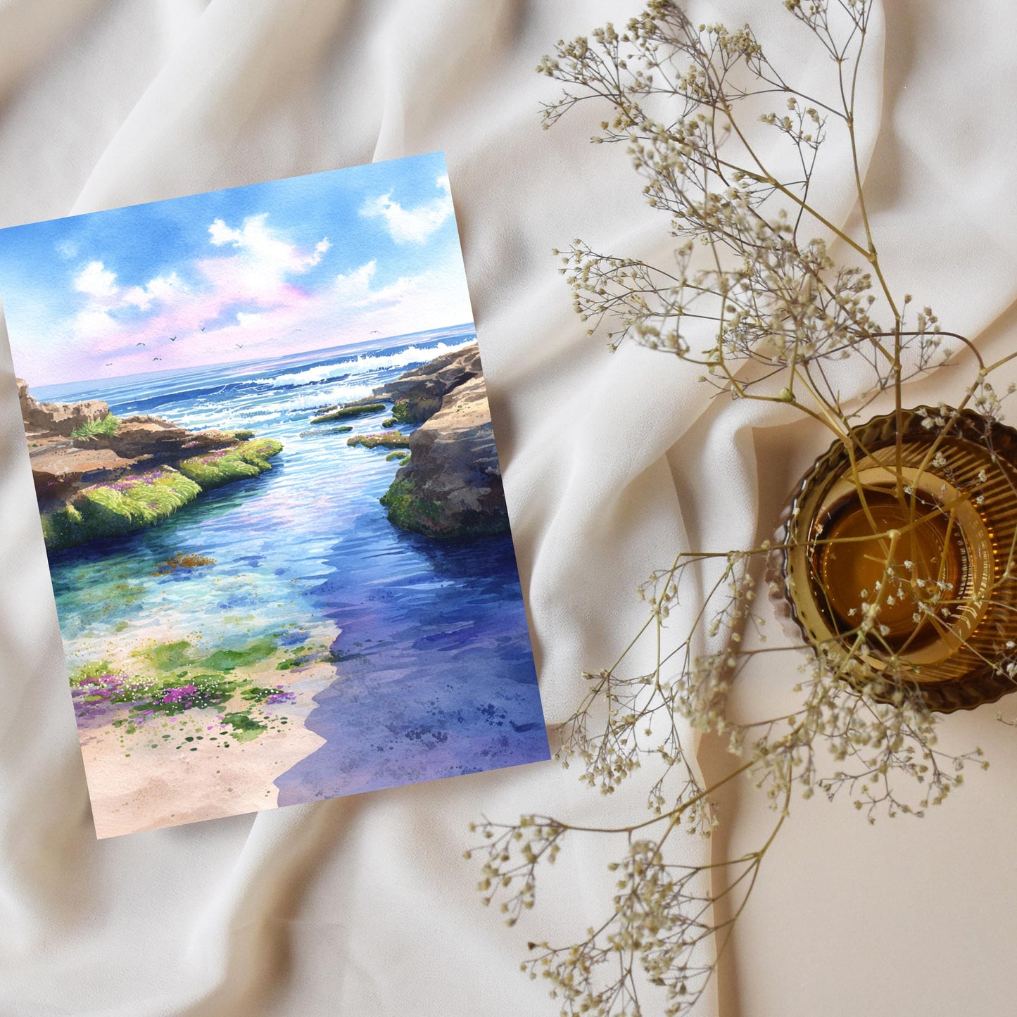 Calm Ocean Watercolor Card: Tidepool Beach Note Card