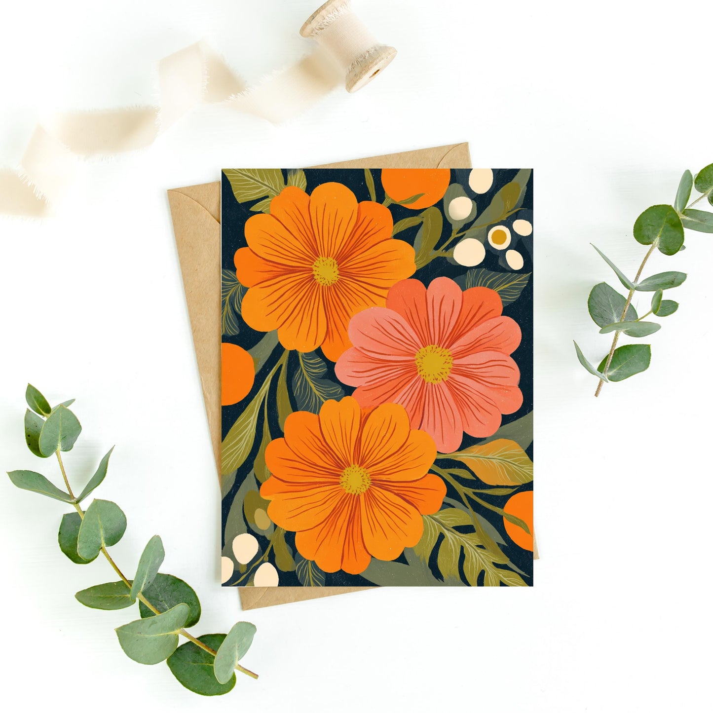 Orange and Coral Zinnia Note Card