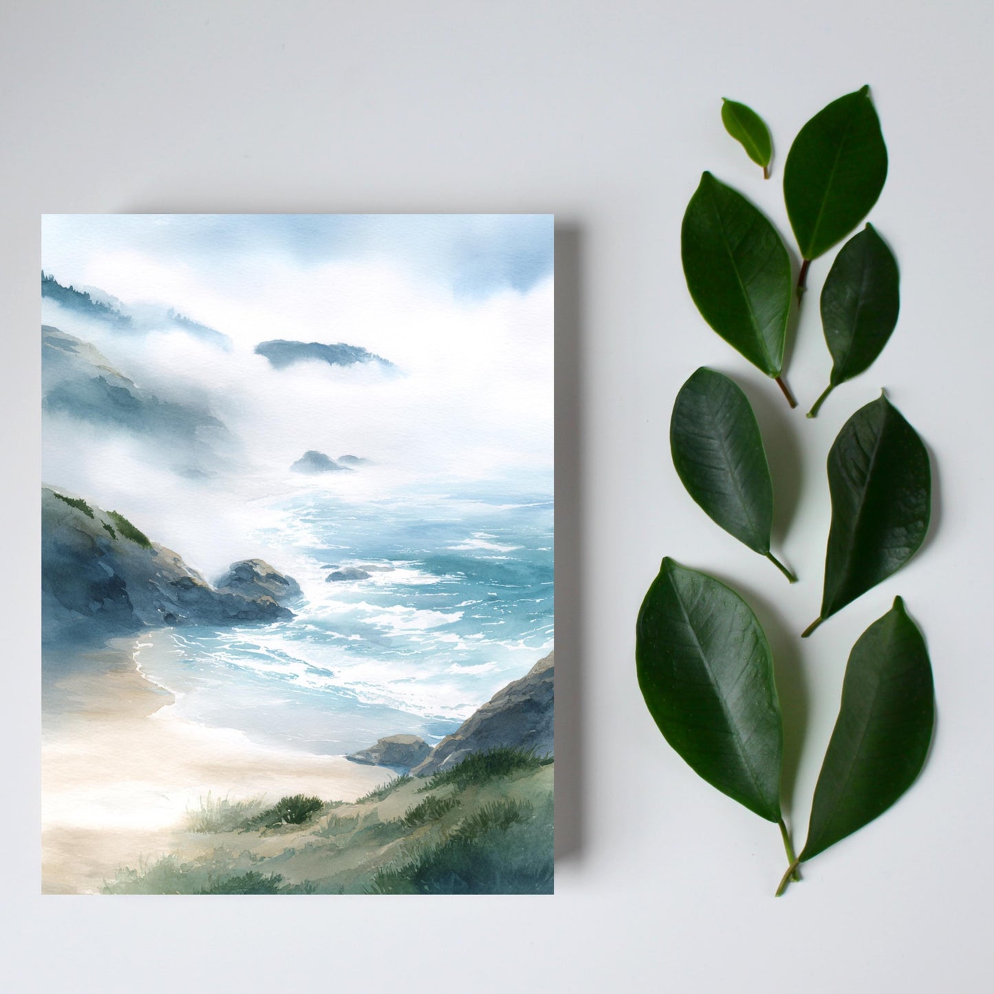 Misty Coastal Cliff Watercolor Greeting Card