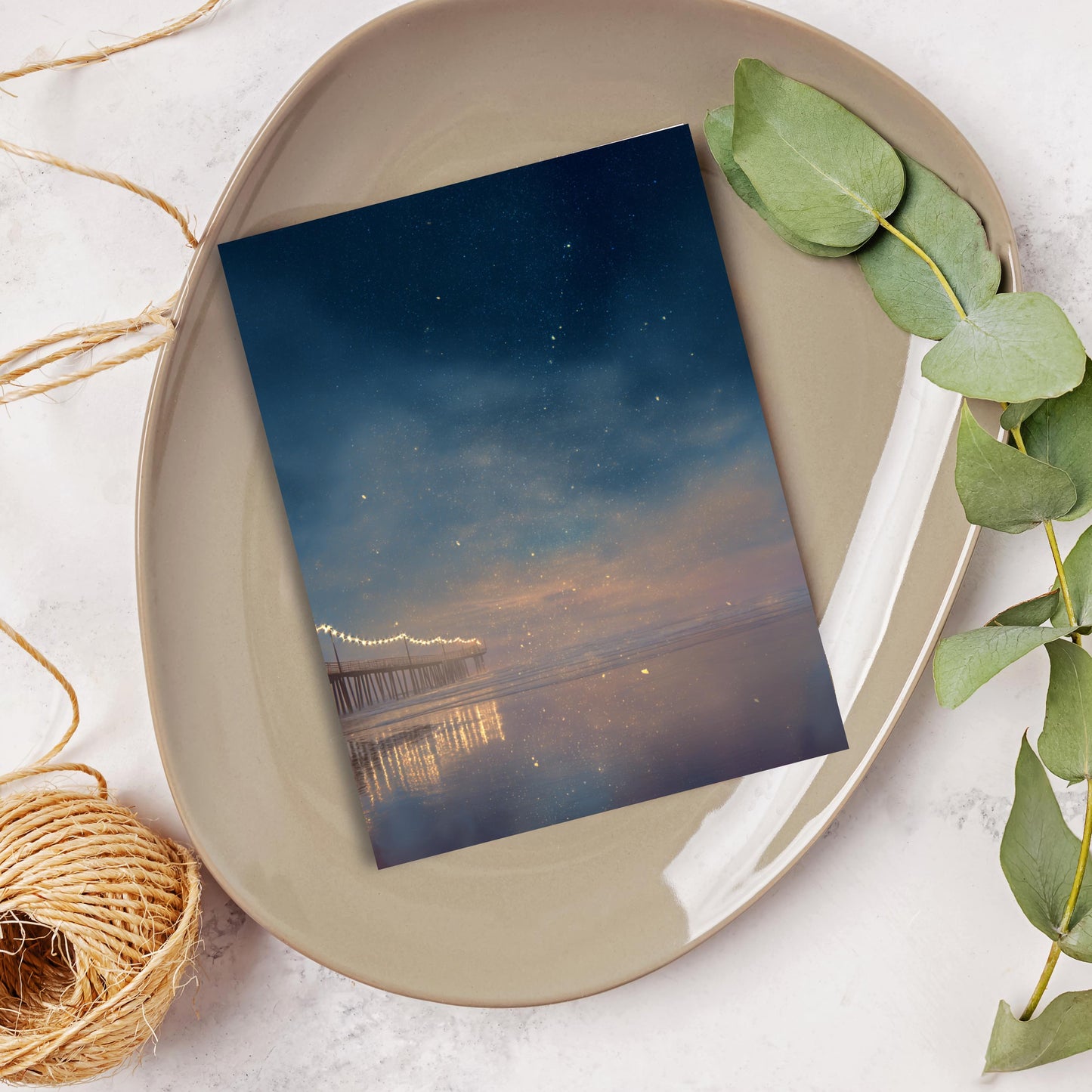 Twilight Pier Ocean Greeting Card - Starry Night Beach Oil Painting Note Card