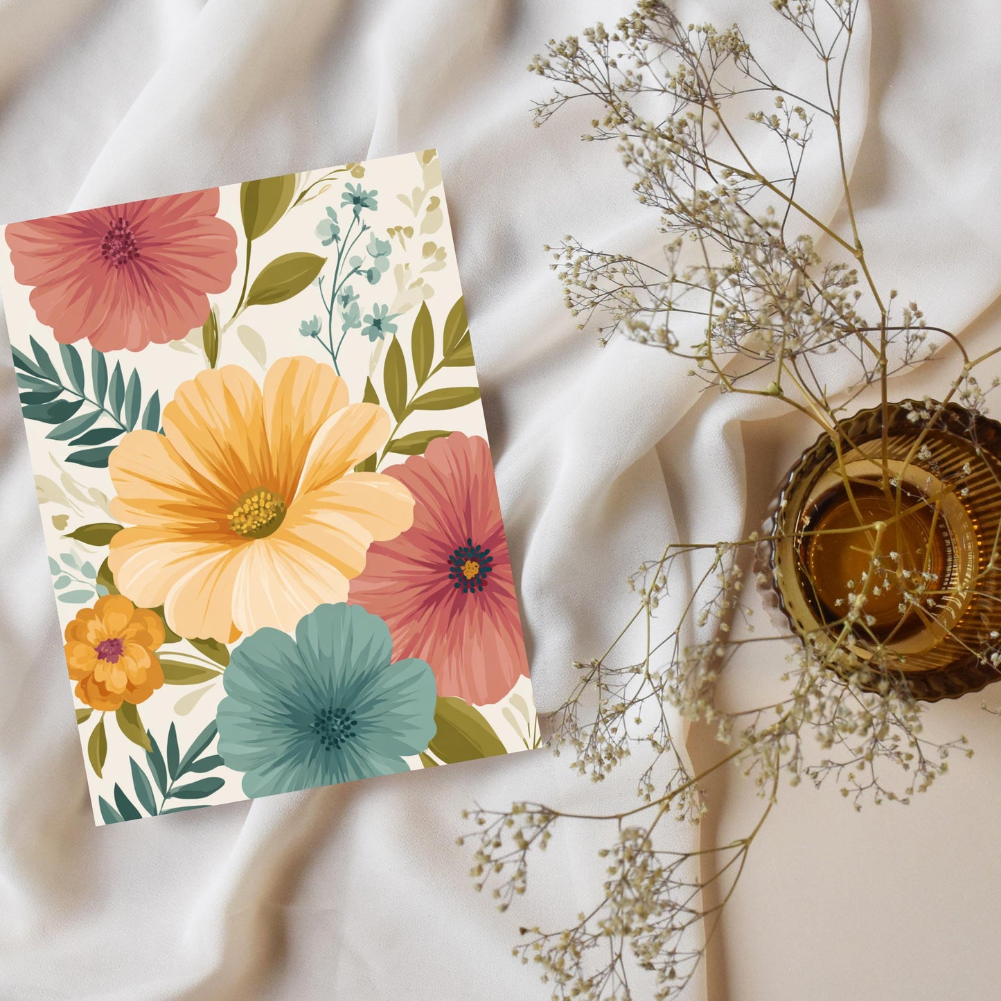 Floral Greeting Card: Heavy Cardstock Note Card with Kraft Envelope