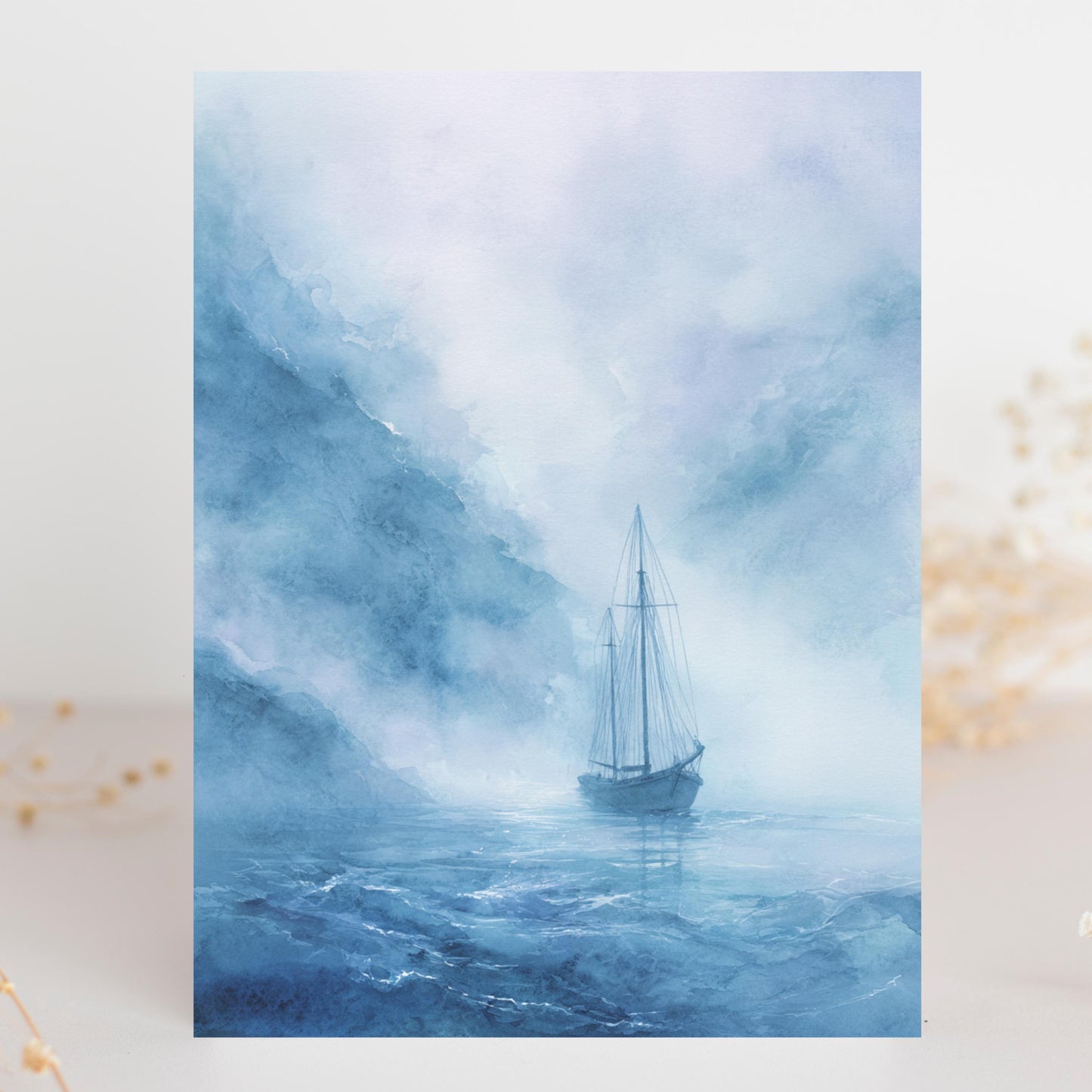 Misty Blue Sailboat Watercolor Greeting Card