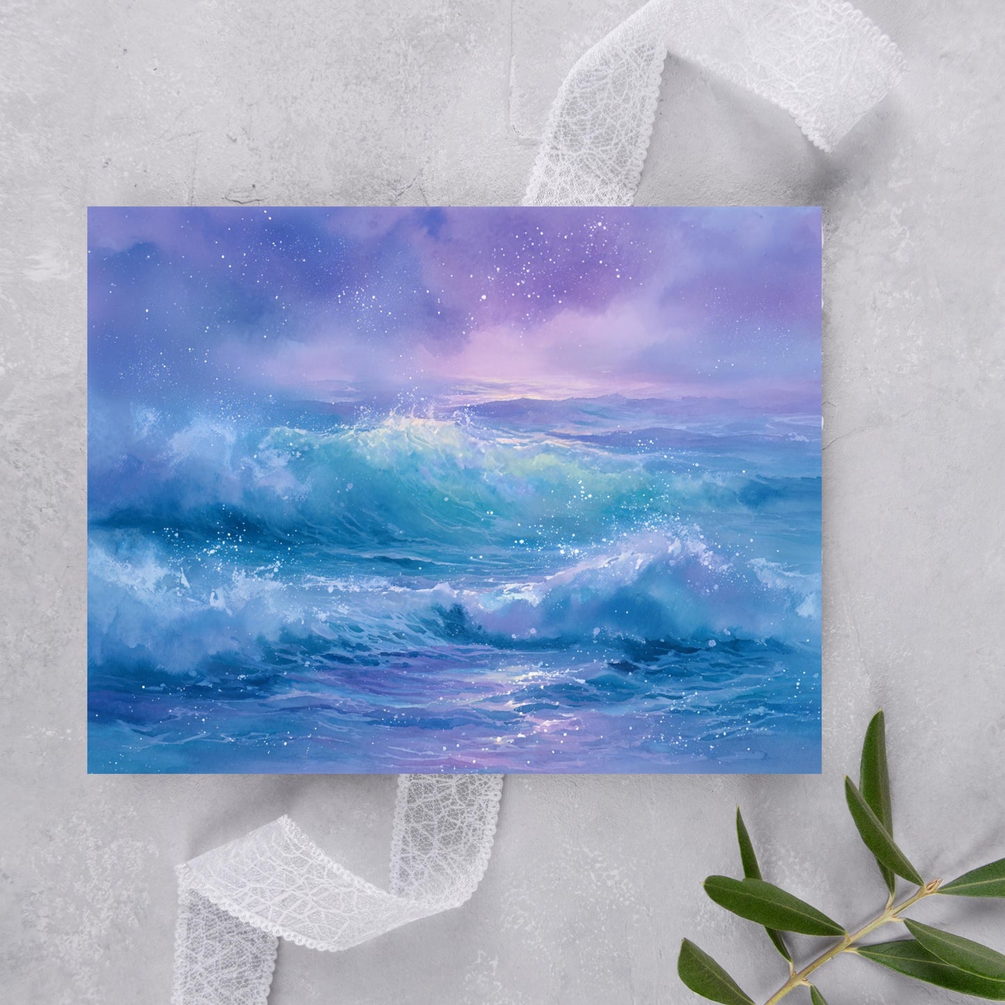 Ocean Sunset Watercolor Card: Serene Beach Landscape